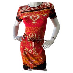 Leonard Paris 1980's Colorful Aztec Print Silk Jersey Dress with Matching Belt