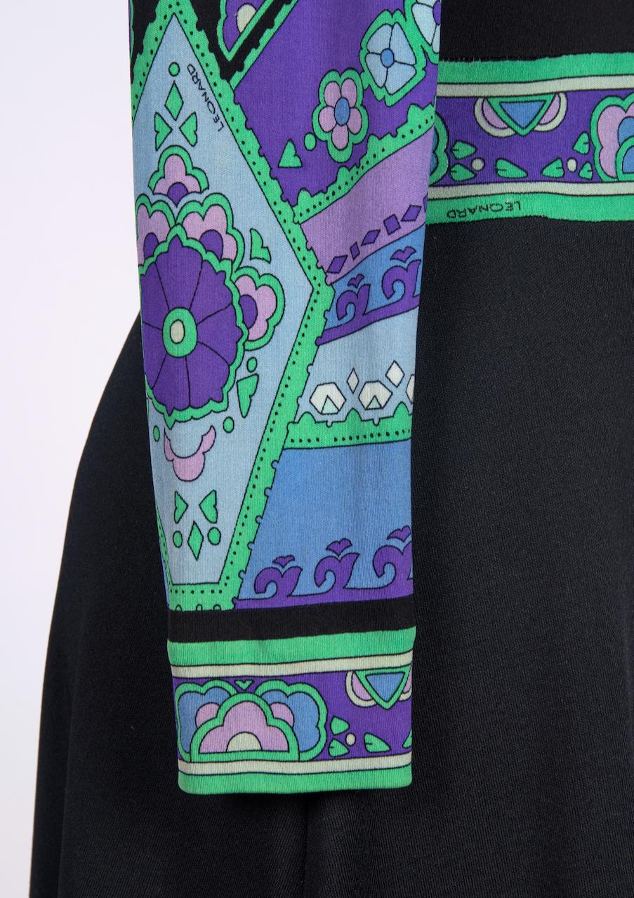 LEONARD Paris Black, Aqua & Purple Floral Print Silk Tie Neck Maxi Dress, 1970s For Sale 3