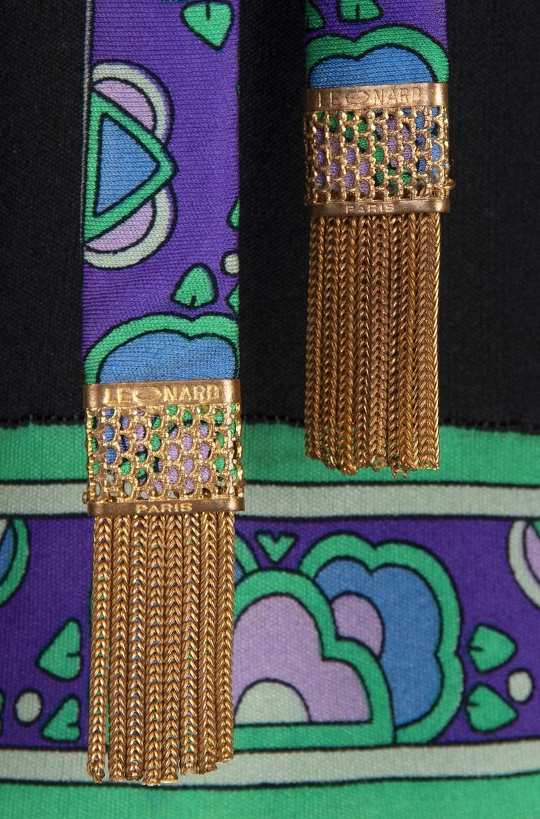LEONARD Paris Black, Aqua & Purple Floral Print Silk Tie Neck Maxi Dress, 1970s For Sale 8