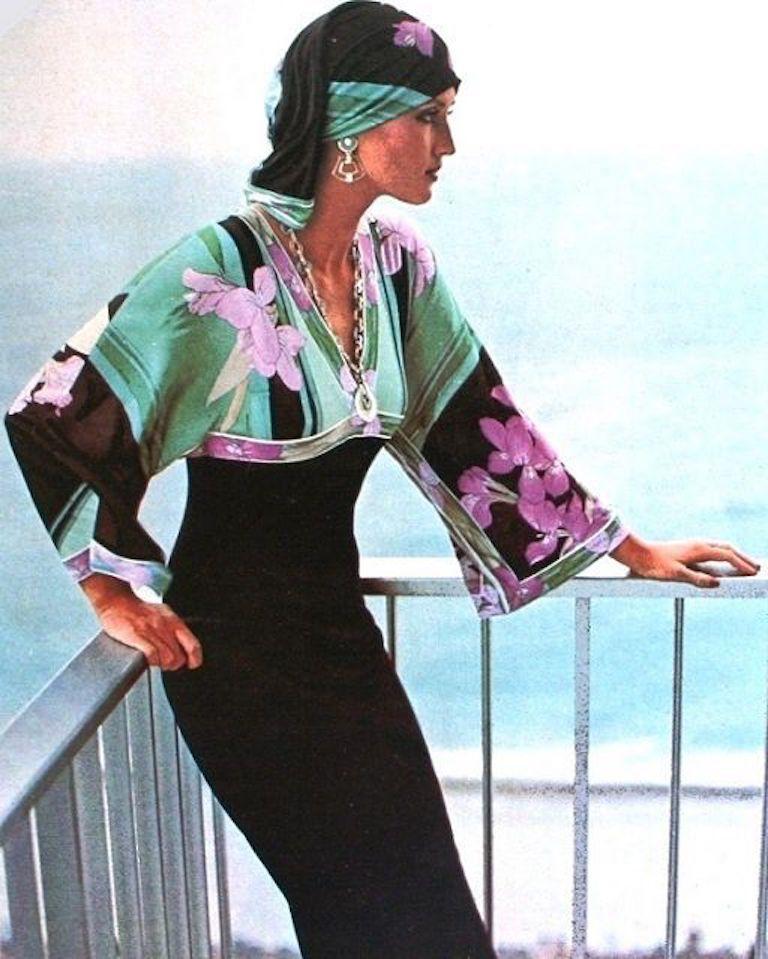 LEONARD Paris Black, Aqua & Purple Floral Print Silk Tie Neck Maxi Dress, 1970s For Sale 10
