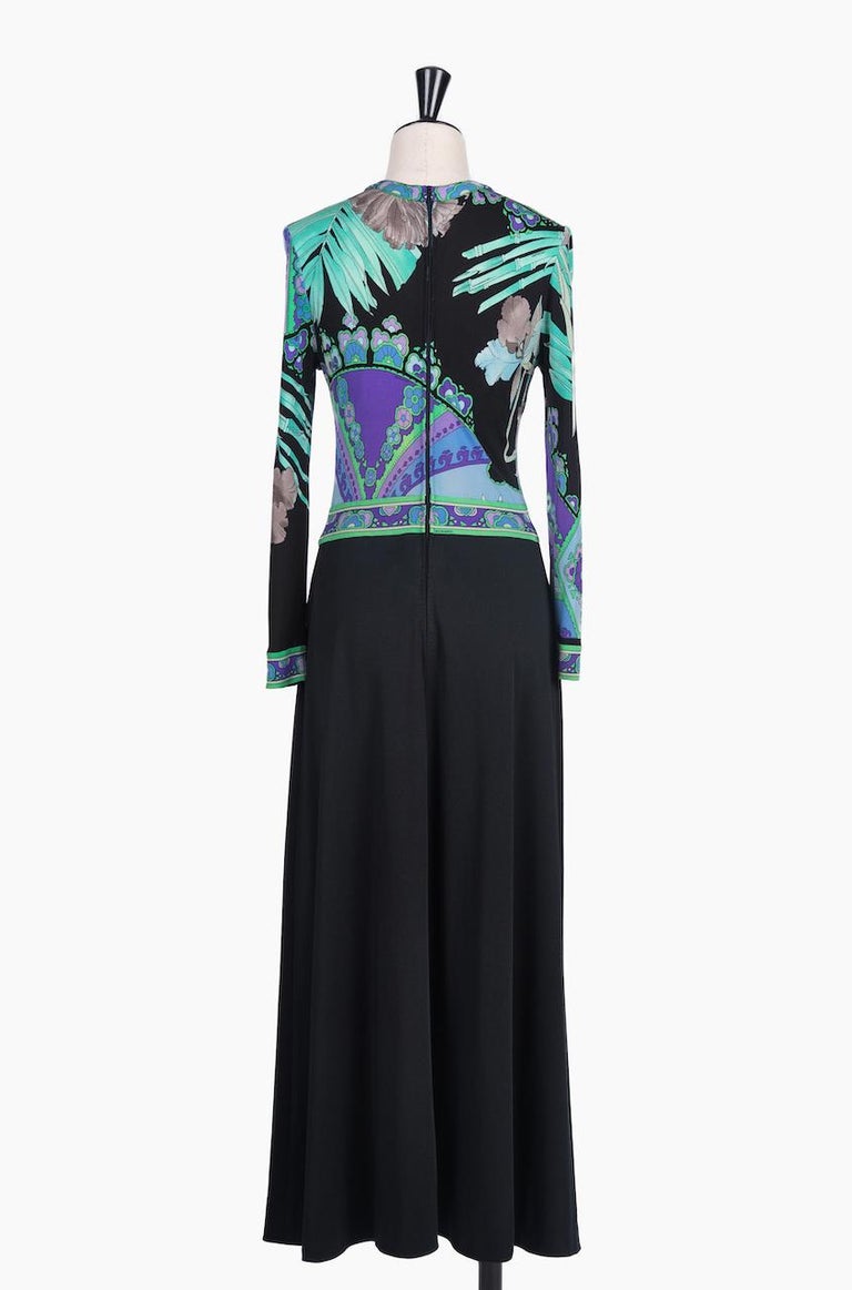 LEONARD Paris Black, Aqua & Purple Floral Print Silk Tie Neck Maxi Dress, 1970s In Excellent Condition For Sale In Munich, DE