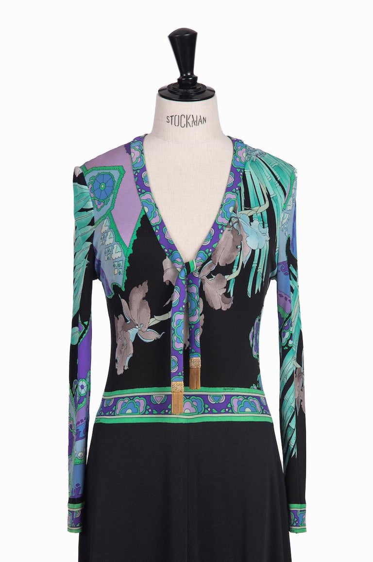LEONARD Paris Black, Aqua & Purple Floral Print Silk Tie Neck Maxi Dress, 1970s For Sale 1