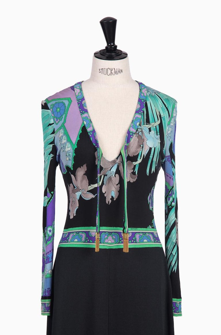 LEONARD Paris Black, Aqua & Purple Floral Print Silk Tie Neck Maxi Dress, 1970s For Sale 2