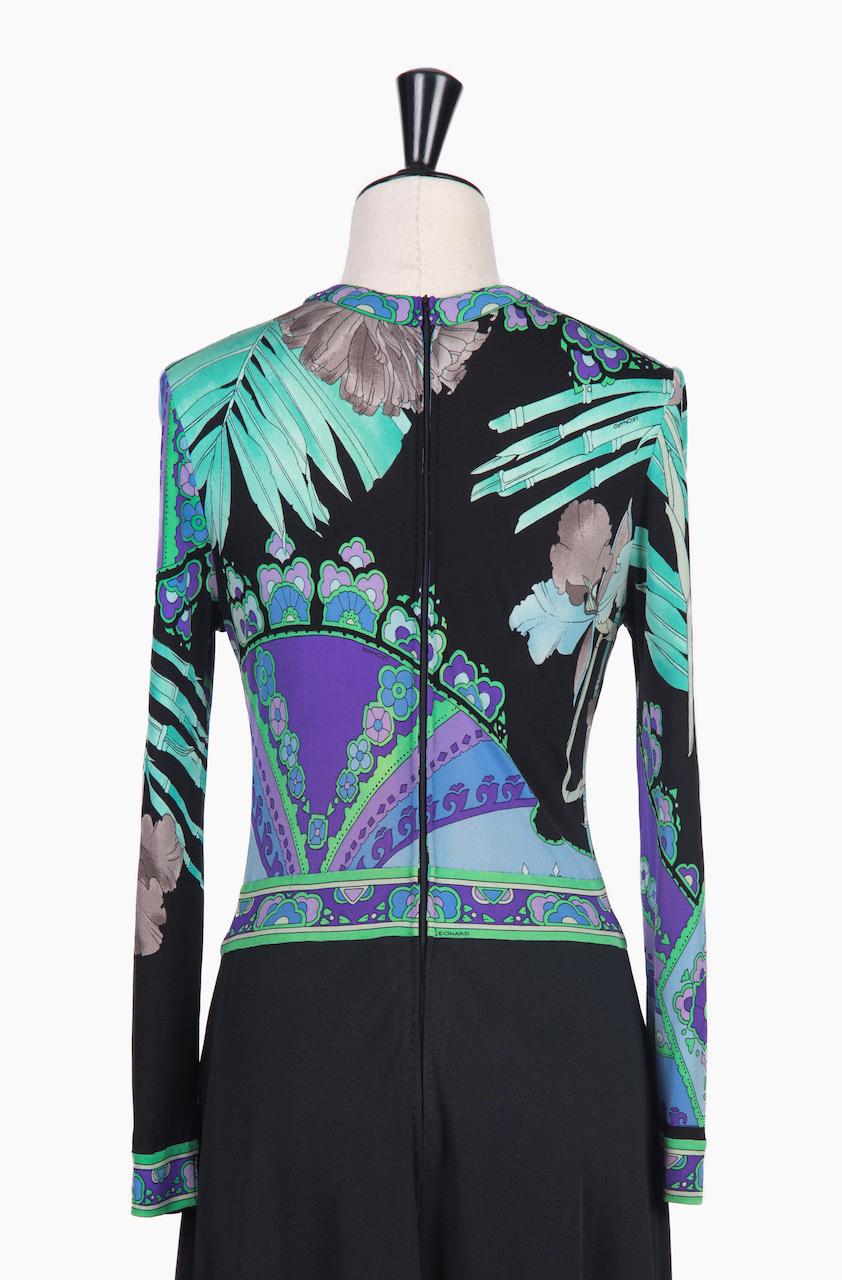 Women's LEONARD Paris Black, Aqua & Purple Floral Print Silk Tie Neck Maxi Dress, 1970s For Sale