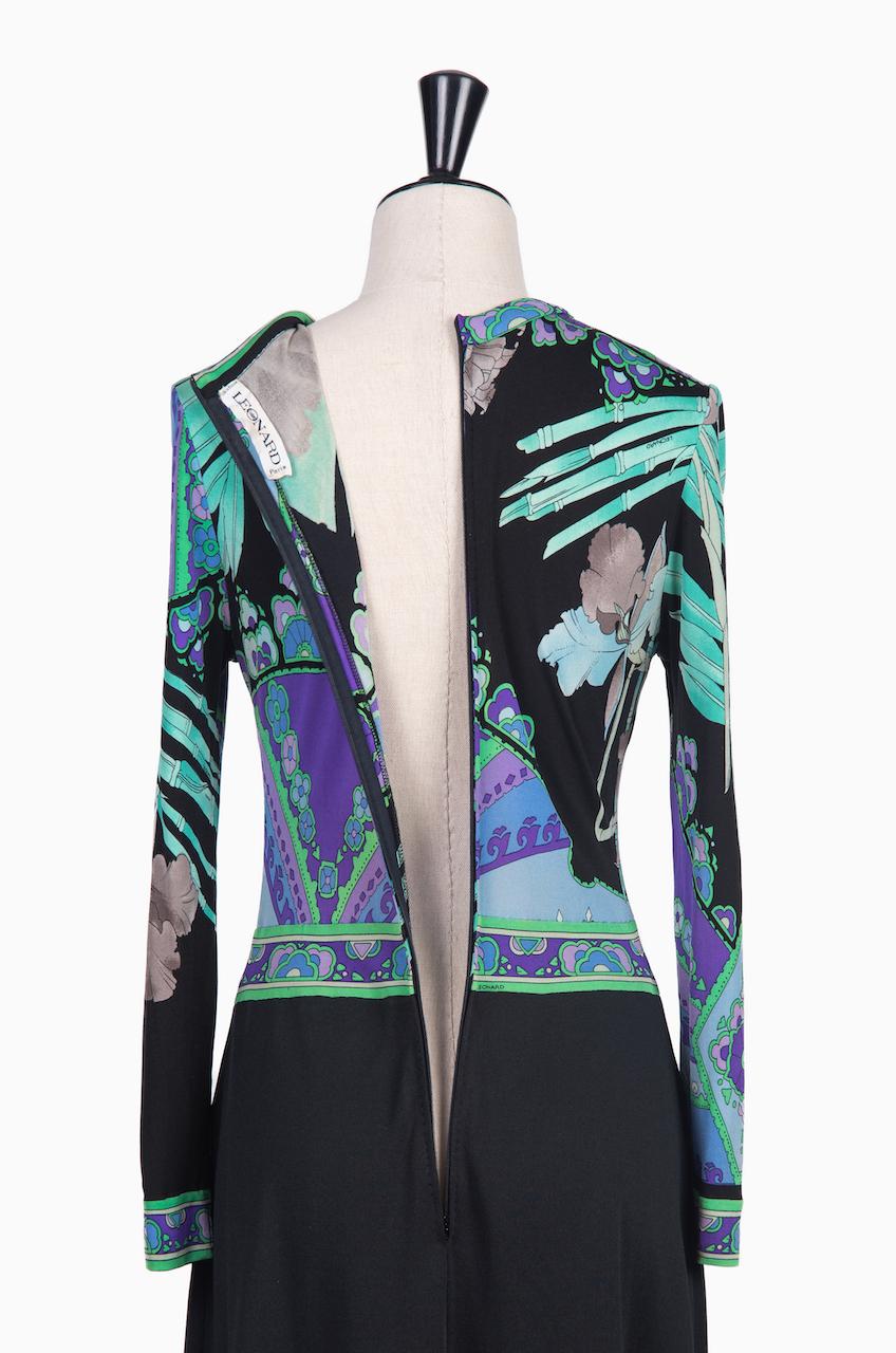 LEONARD Paris Black, Aqua & Purple Floral Print Silk Tie Neck Maxi Dress, 1970s For Sale 1