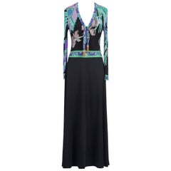 Retro LEONARD Paris Black, Aqua & Purple Floral Print Silk Tie Neck Maxi Dress, 1970s