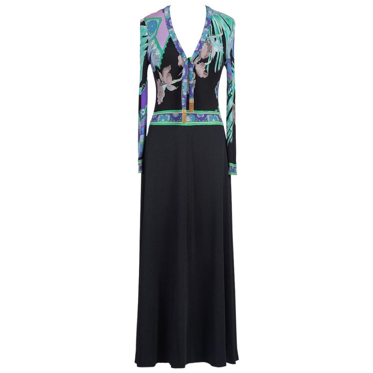 LEONARD Paris Black, Aqua & Purple Floral Print Silk Tie Neck Maxi Dress, 1970s For Sale