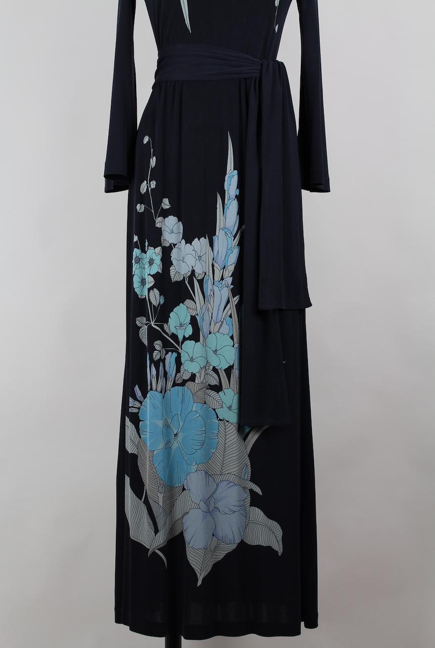 Leonard Paris Black & Blue Floral Print Silk Jersey Maxi Dress, 1970s 6