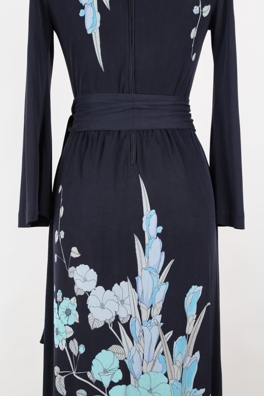 Leonard Paris Black & Blue Floral Print Silk Jersey Maxi Dress, 1970s 7