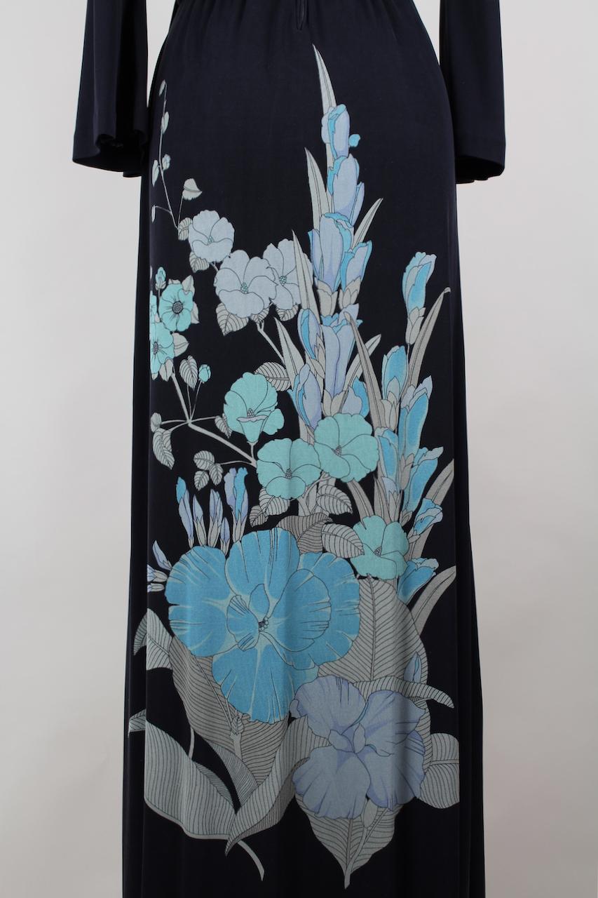 Leonard Paris Black & Blue Floral Print Silk Jersey Maxi Dress, 1970s 8