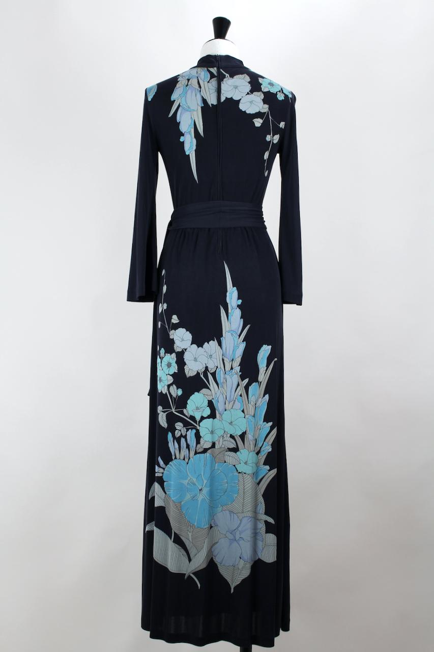 Leonard Paris Black & Blue Floral Print Silk Jersey Maxi Dress, 1970s In Excellent Condition In Munich, DE