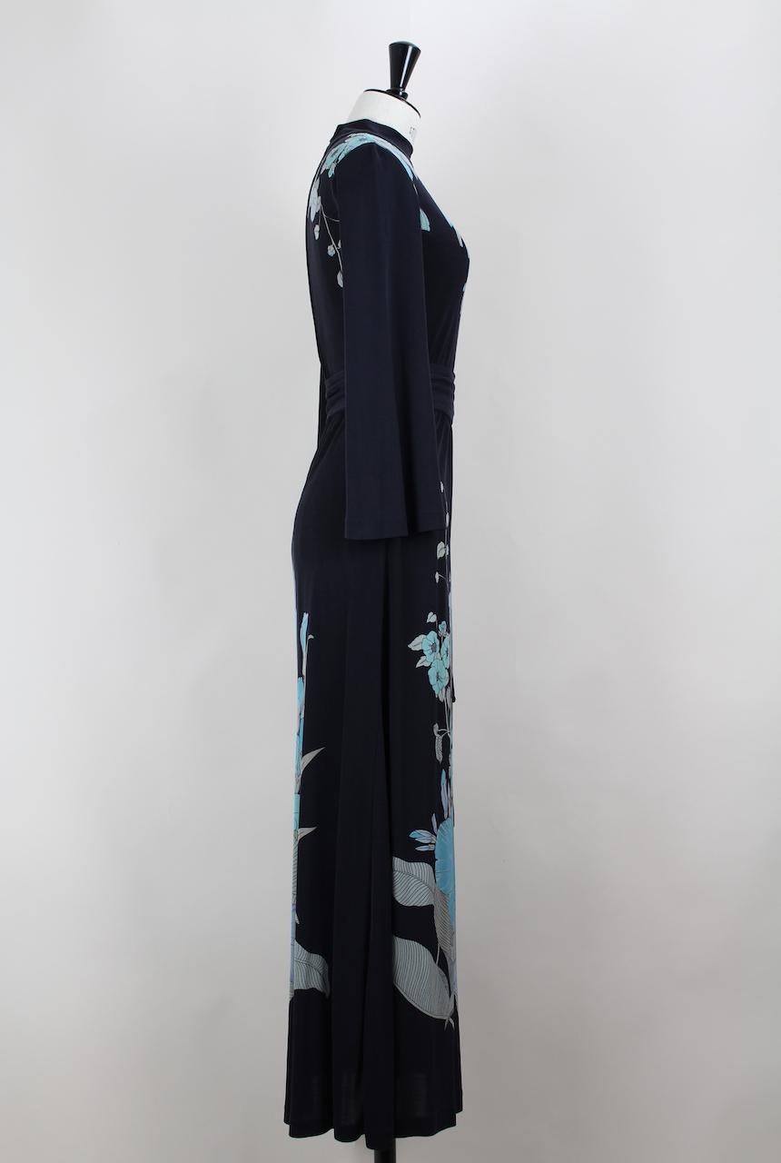 Women's Leonard Paris Black & Blue Floral Print Silk Jersey Maxi Dress, 1970s