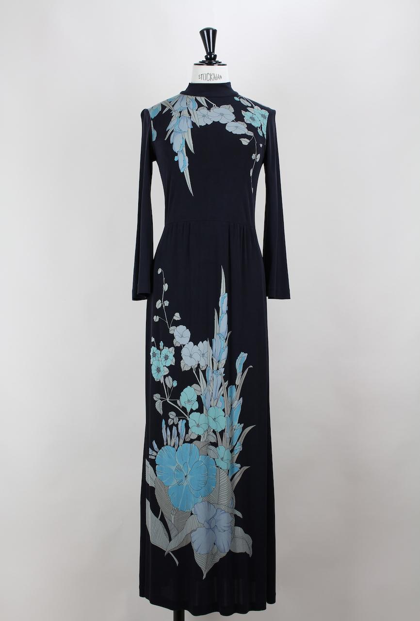 Leonard Paris Black & Blue Floral Print Silk Jersey Maxi Dress, 1970s 1