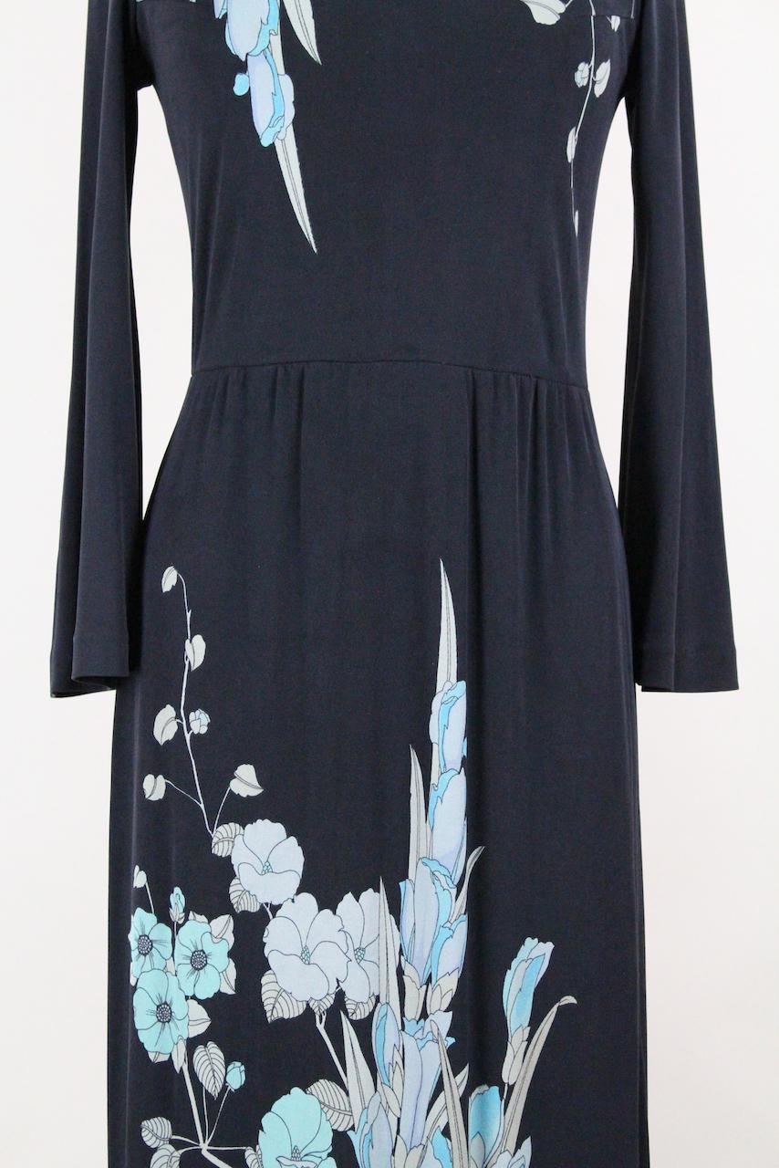 Leonard Paris Black & Blue Floral Print Silk Jersey Maxi Dress, 1970s 2