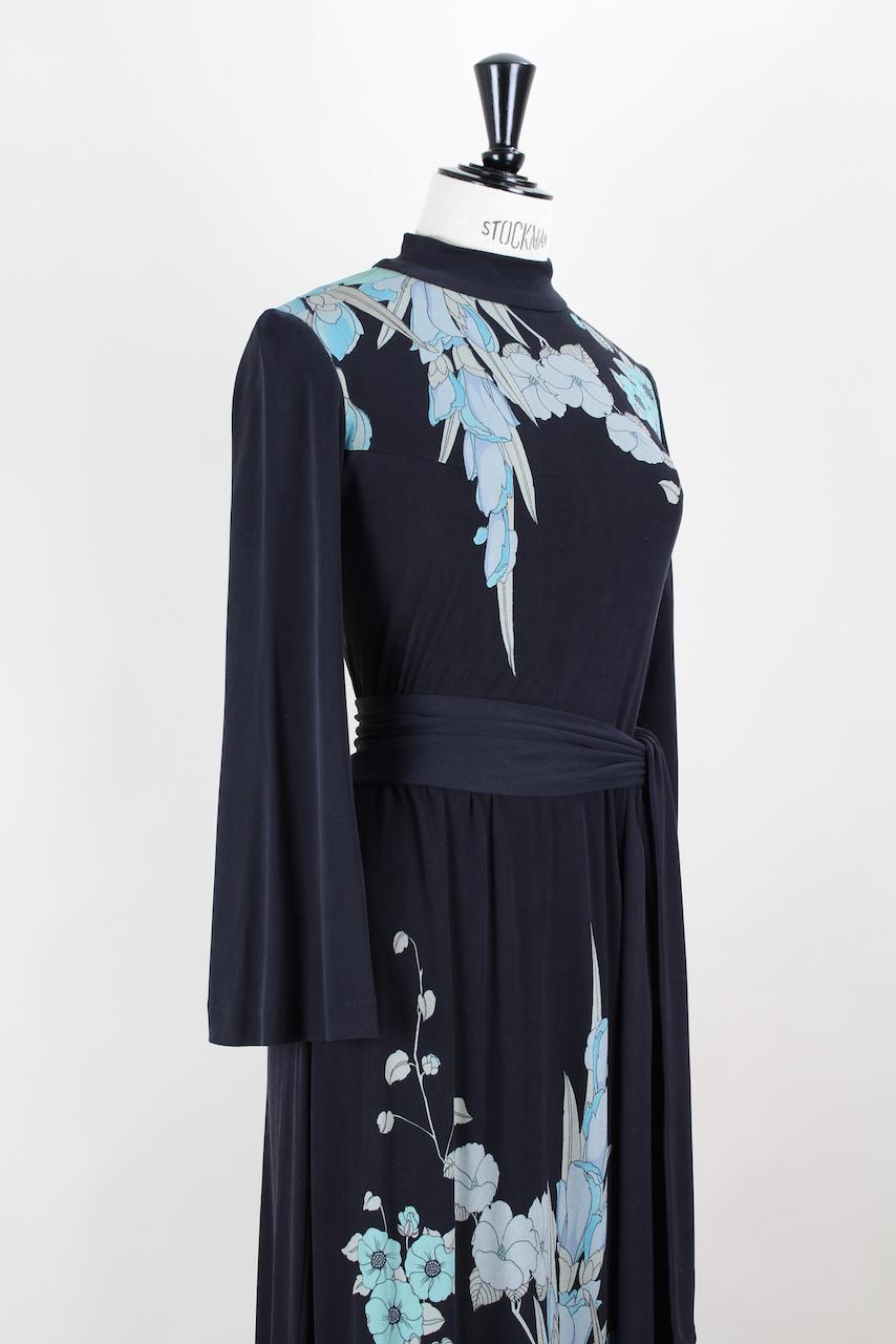 Leonard Paris Black & Blue Floral Print Silk Jersey Maxi Dress, 1970s 3
