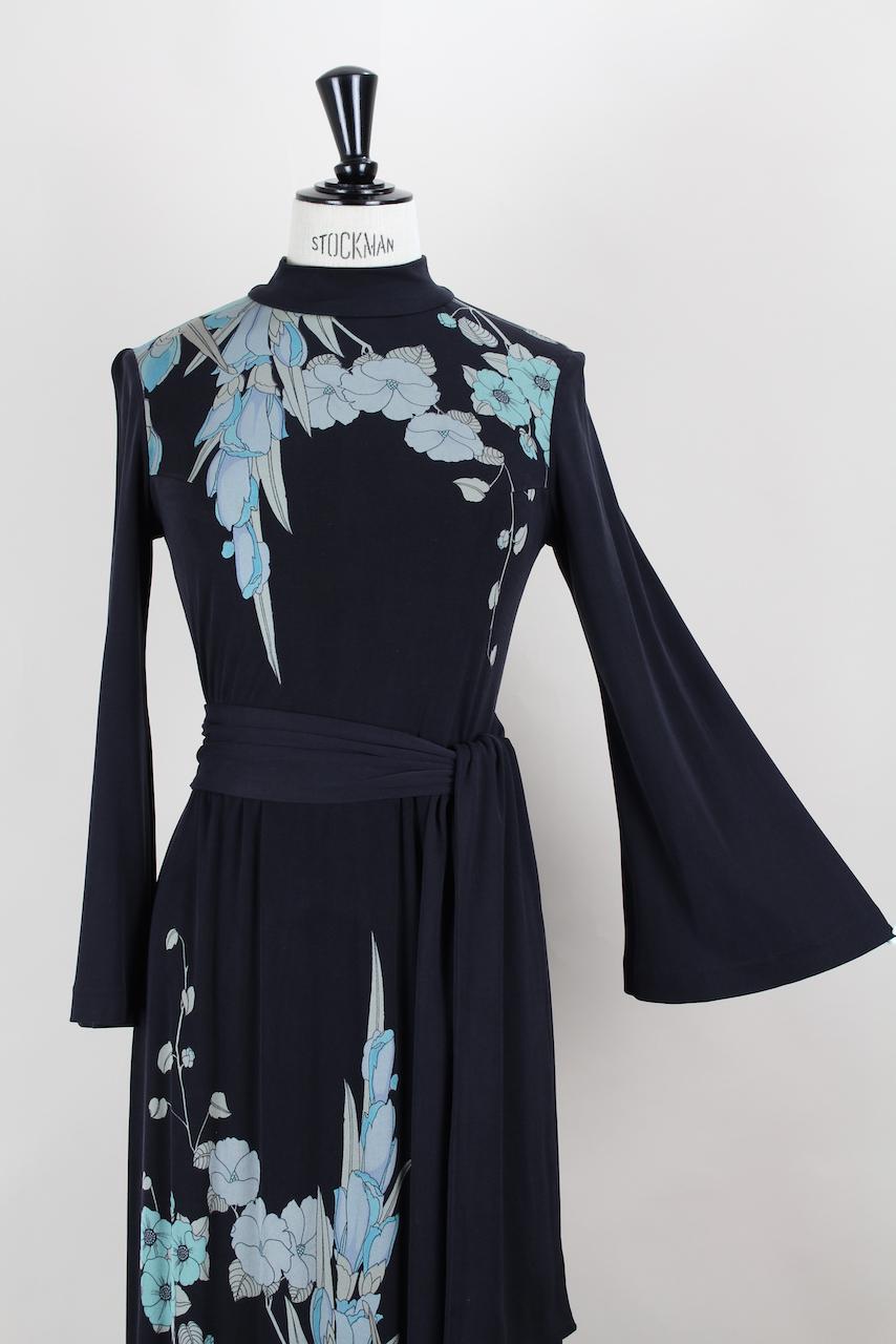 Leonard Paris Black & Blue Floral Print Silk Jersey Maxi Dress, 1970s 4