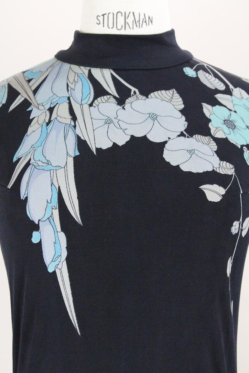 Leonard Paris Black & Blue Floral Print Silk Jersey Maxi Dress, 1970s 5