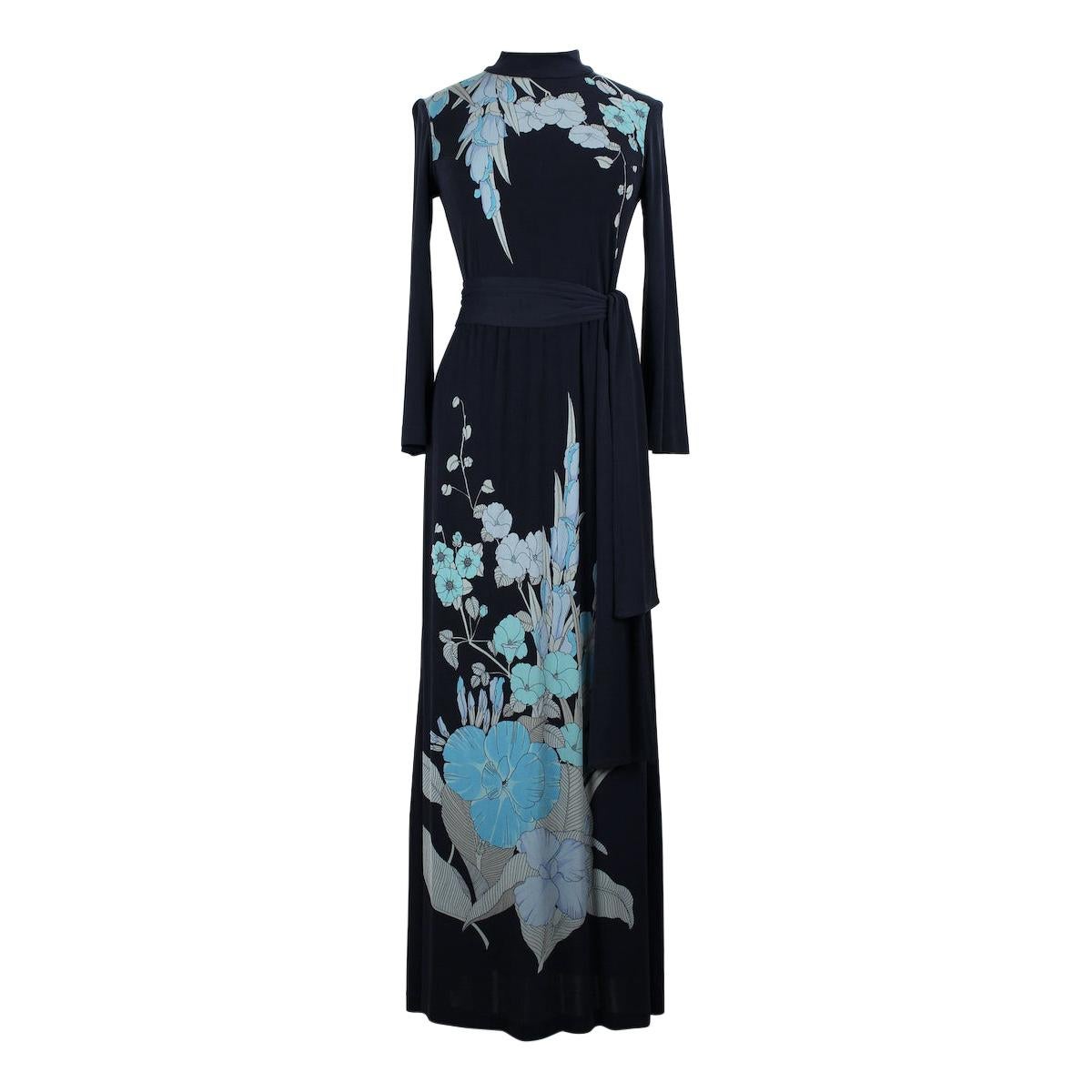 Leonard Paris Black & Blue Floral Print Silk Jersey Maxi Dress, 1970s