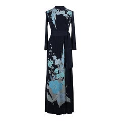 Vintage Leonard Paris Black & Blue Floral Print Silk Jersey Maxi Dress, 1970s