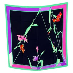 Leonard Paris - Écharpe vintage à fleurs en soie noire et verte, années 80