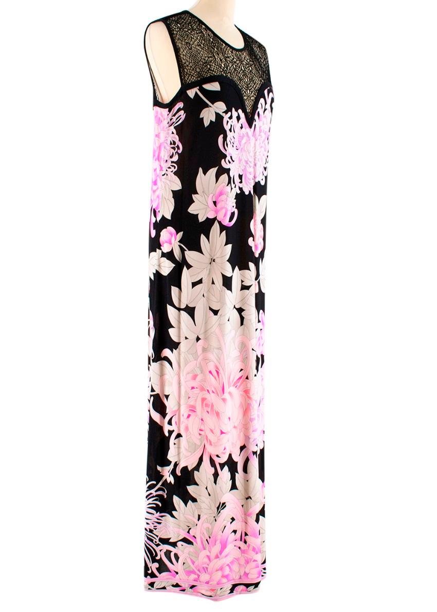 Leonard Paris Black Lace Detailed Sleeveless Gown

- Black silk body with pink and purple floral detail 
- Black lace sleeveless top
- Sweet heart shape with Black lace illusion
- Zip running down the back of the dress
- Pink hem

Material
100%