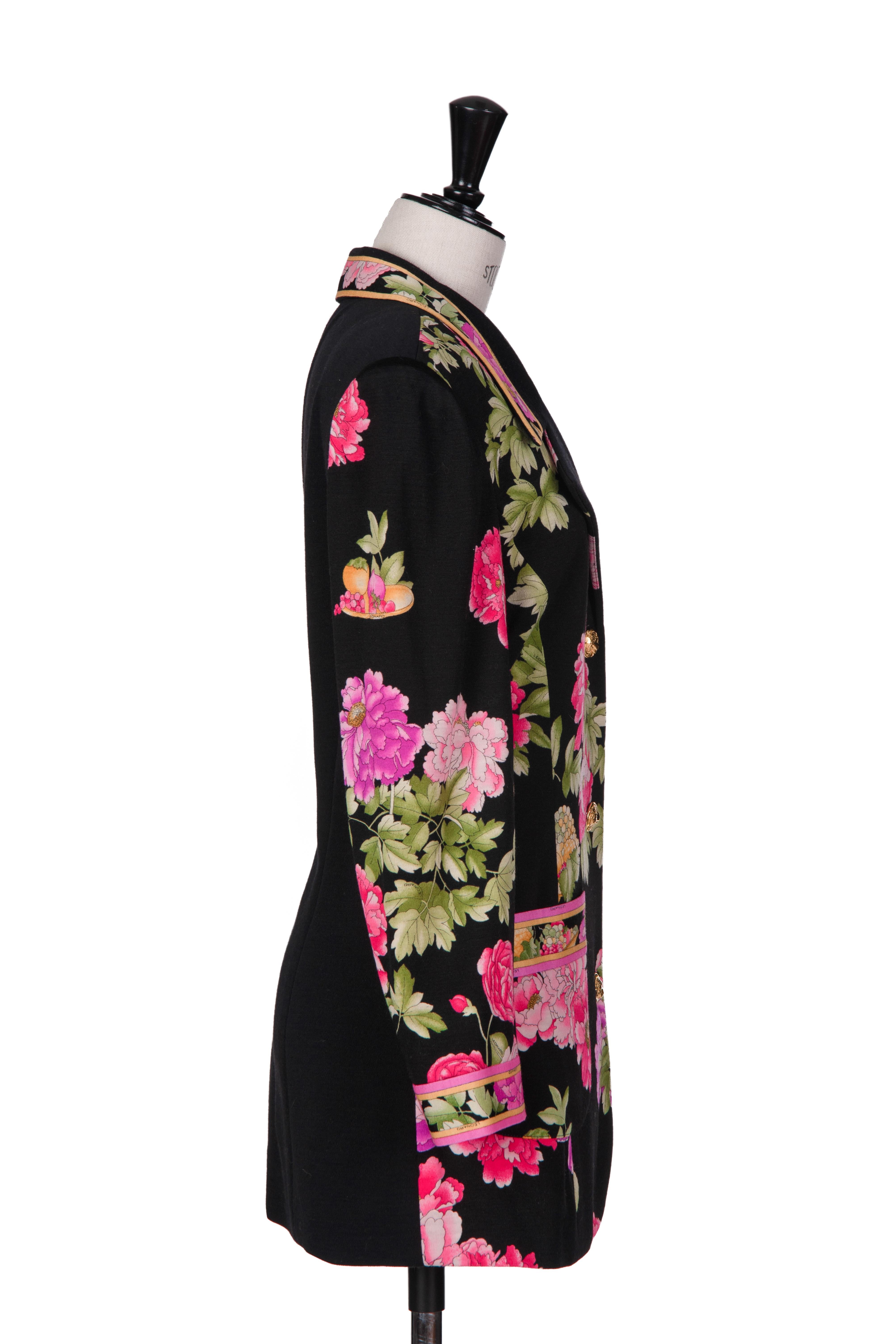 LEONARD PARIS Black Pink Green Wool Knit Jacket with Peony Floral Print, 1990s In Excellent Condition For Sale In Munich, DE