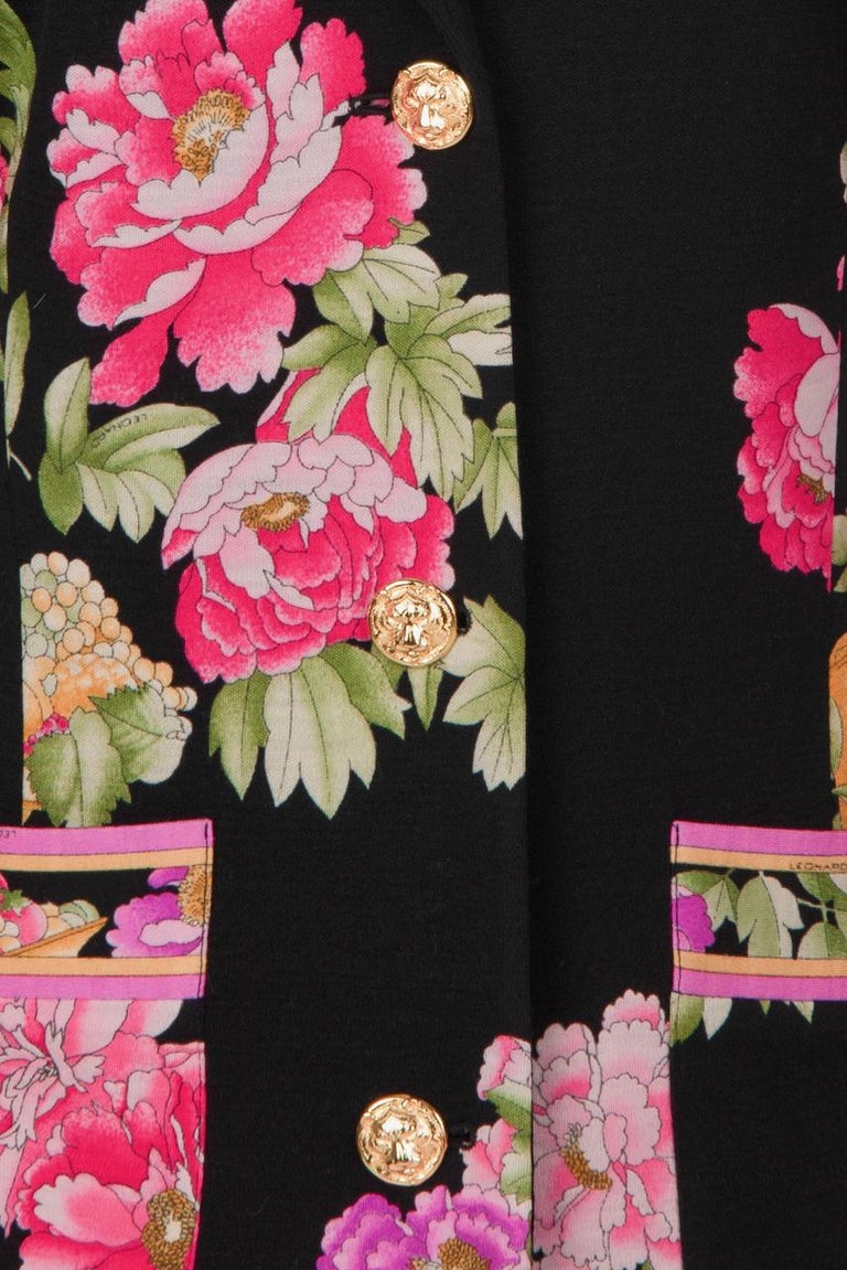 LEONARD PARIS Black Pink Green Wool Knit Jacket with Peony Floral Print,  1990s