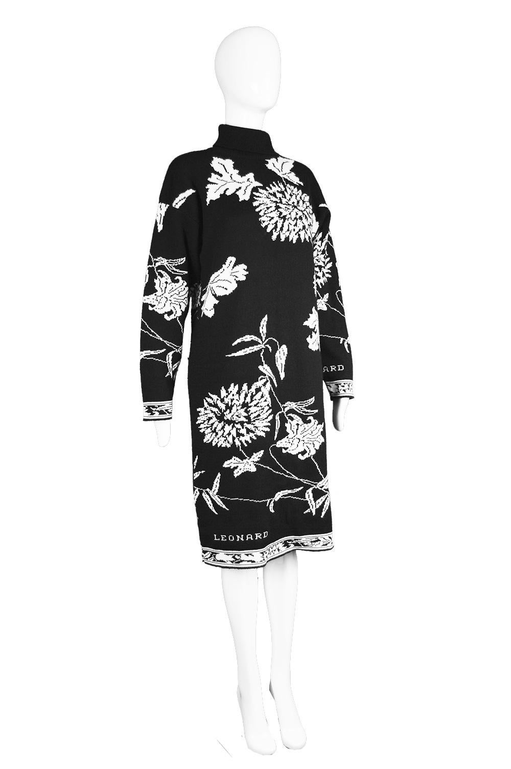 Leonard Paris Black & White Vintage Wool Blend Knit Sweater Dress, 1980s 1