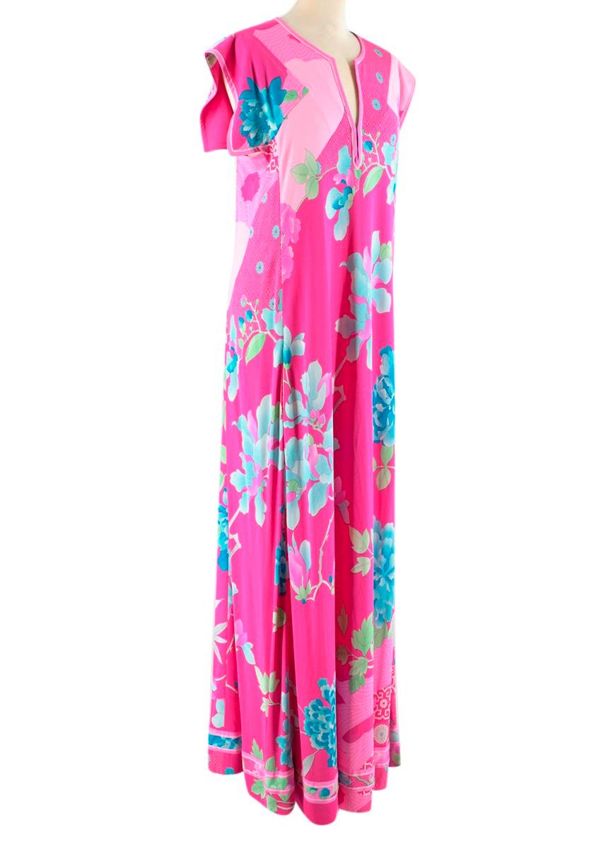 Leonard Paris Bright Pink Floral Maxi Dress

- Full length Pink, Blue and Green Floral dress
- Open sleeves
- V neck with invisible hook fastenings 
- Exposed light blue thread
- Pockets
 
Material
100% Silk

Dry Clean Only 

Made in Italy 

Please
