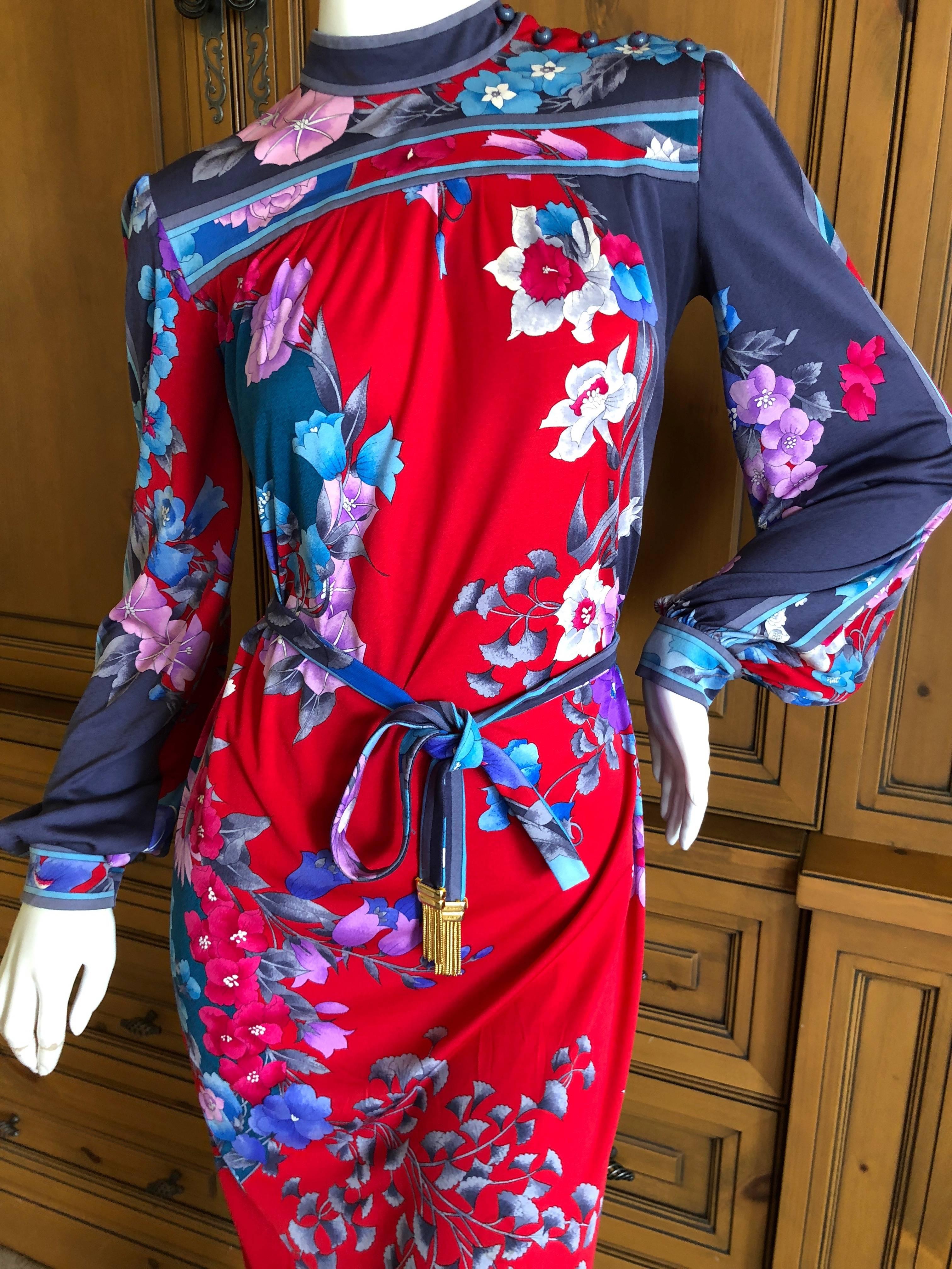 Leonard Paris Floral Silk Jersey Poet Sleeve Dress with Belt, 1970s  For Sale 1