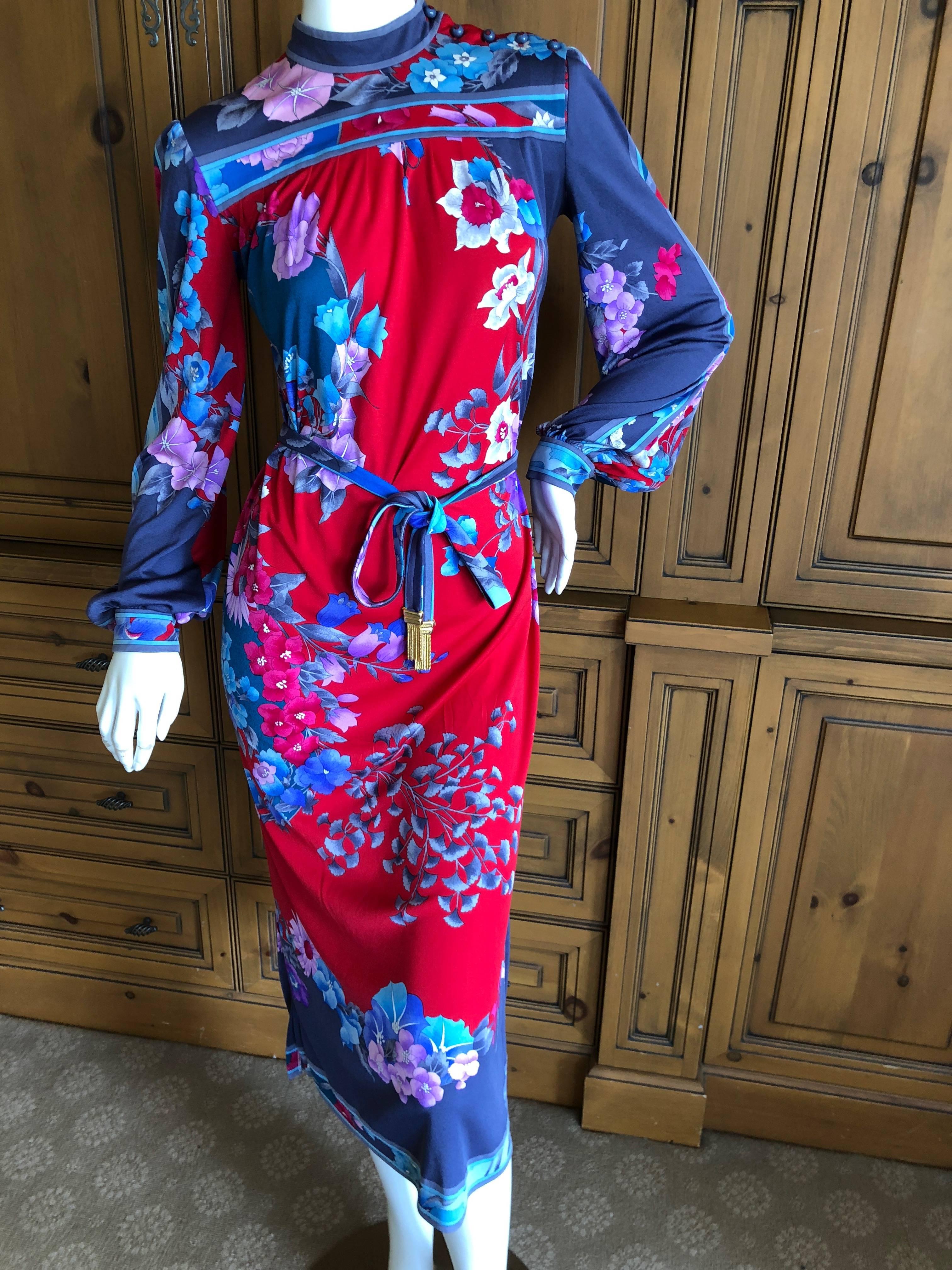 Leonard Paris Floral Silk Jersey Poet Sleeve Dress with Belt, 1970s  For Sale 2