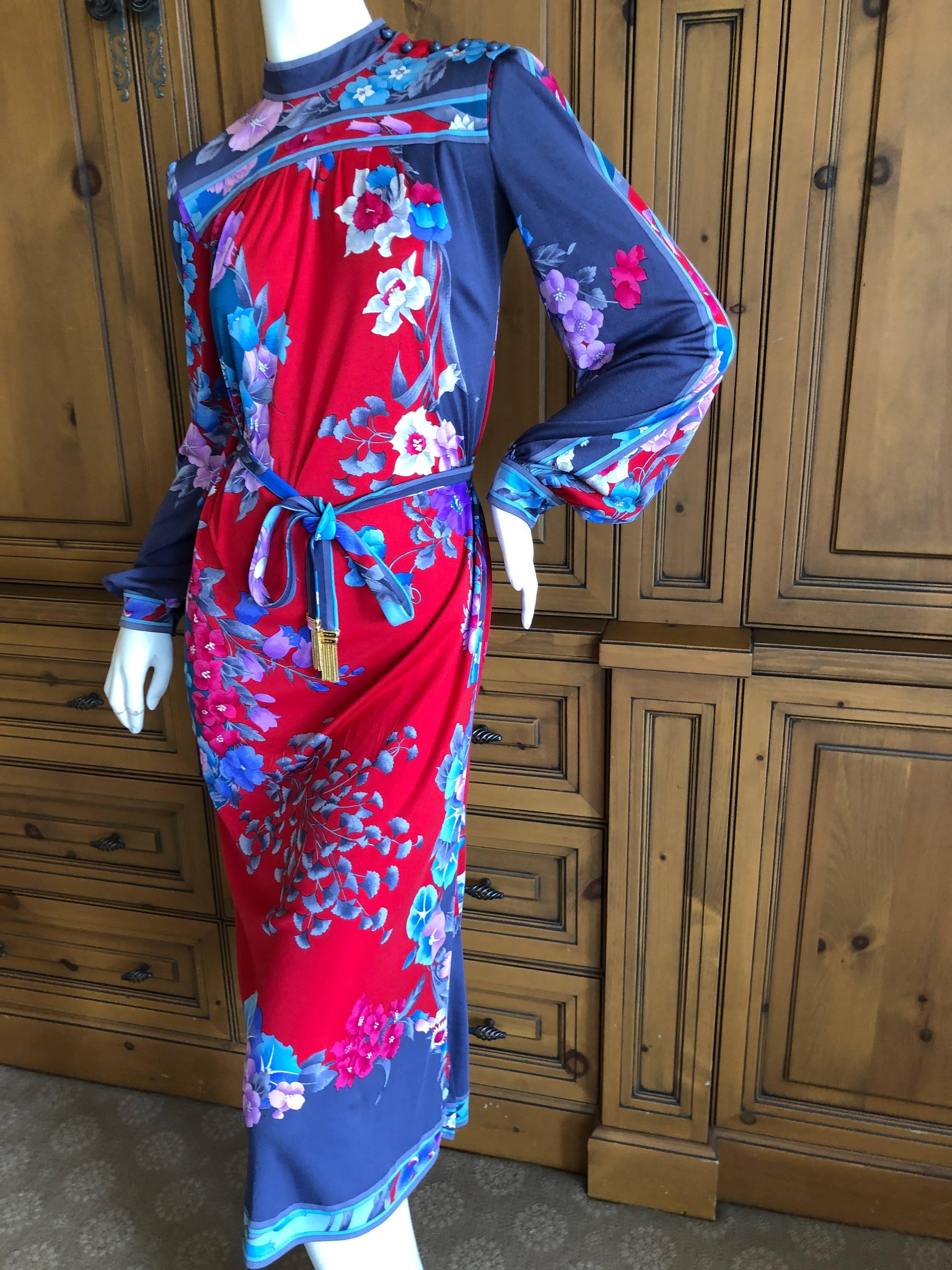 Leonard Paris Floral Silk Jersey Poet Sleeve Dress with Belt, 1970s  For Sale 4