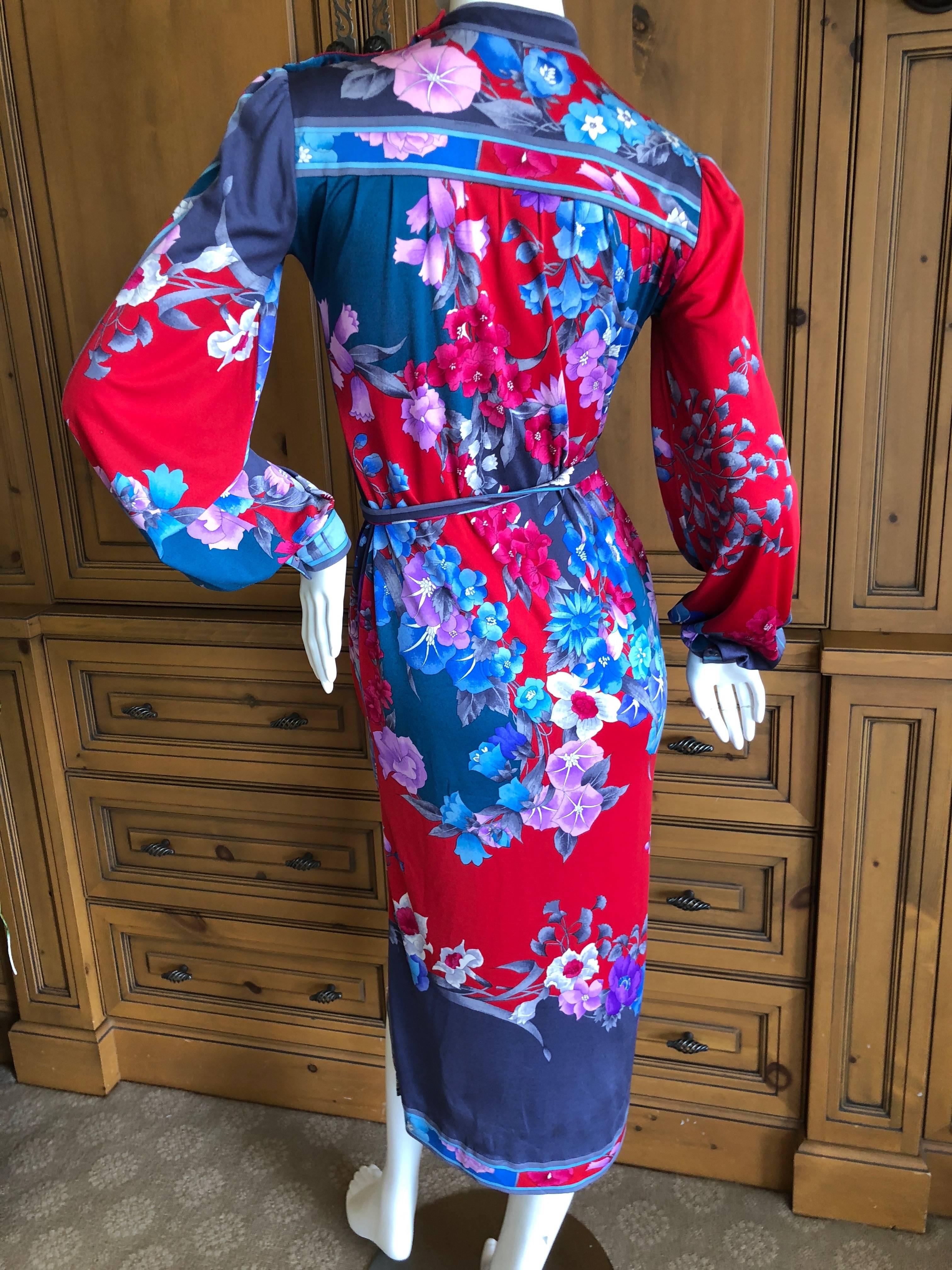 Leonard Paris Floral Silk Jersey Poet Sleeve Dress with Belt, 1970s  For Sale 5