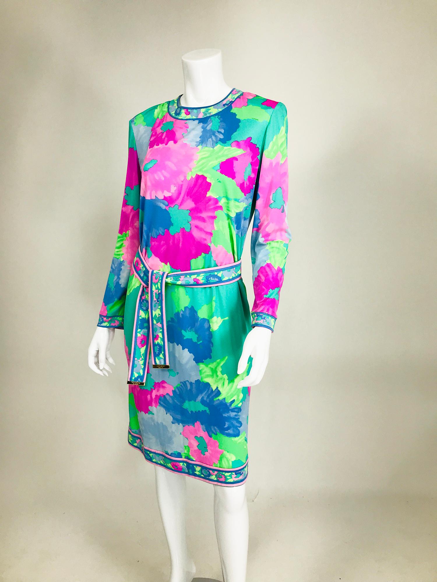 Leonard Paris Floral Silk Jersey Dress & Belt 1980s In Good Condition In West Palm Beach, FL