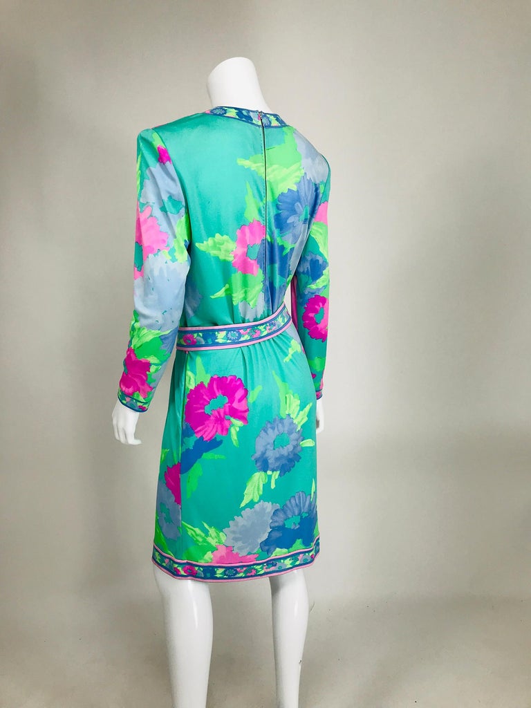 Leonard Paris Floral Silk Jersey Dress & Belt 1980s For Sale 1