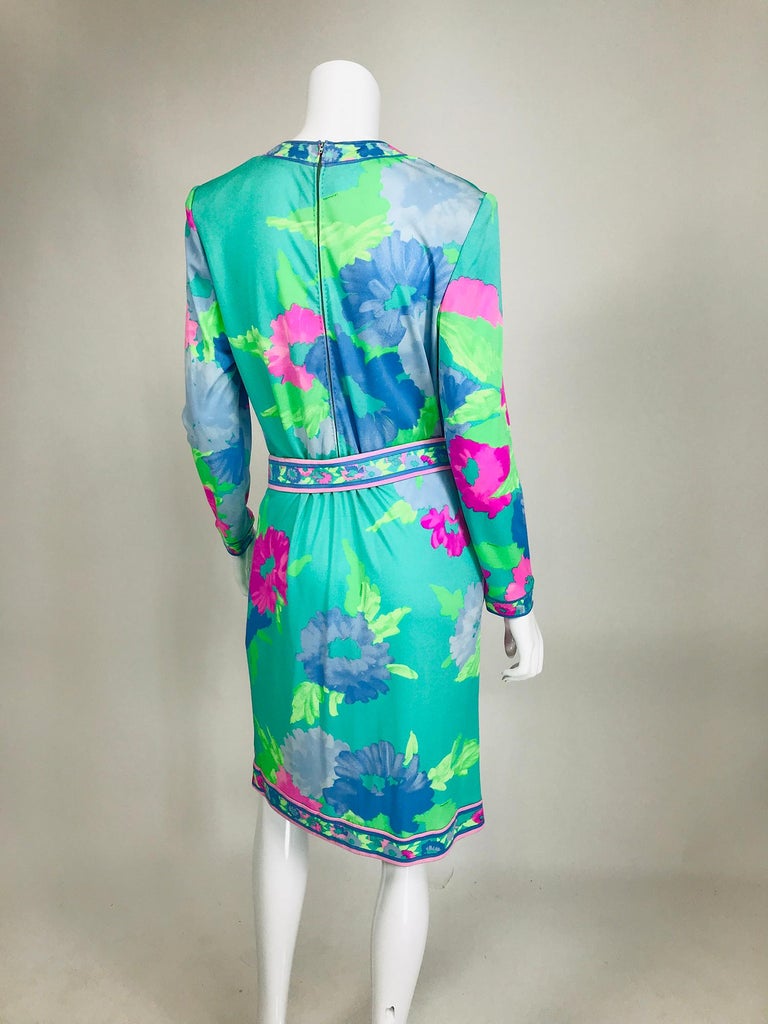 Leonard Paris Floral Silk Jersey Dress & Belt 1980s For Sale 2