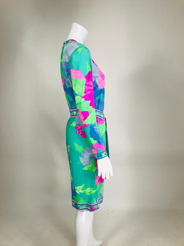 Leonard Paris Floral Silk Jersey Dress & Belt 1980s For Sale 3