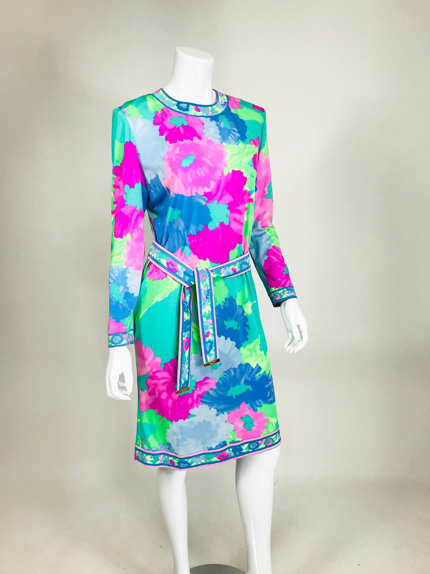 Leonard Paris Floral Silk Jersey Dress & Belt 1980s 4