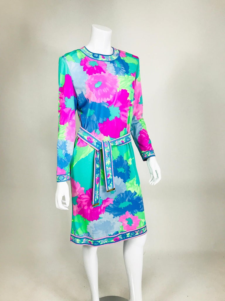 Leonard Paris Floral Silk Jersey Dress & Belt 1980s For Sale 4