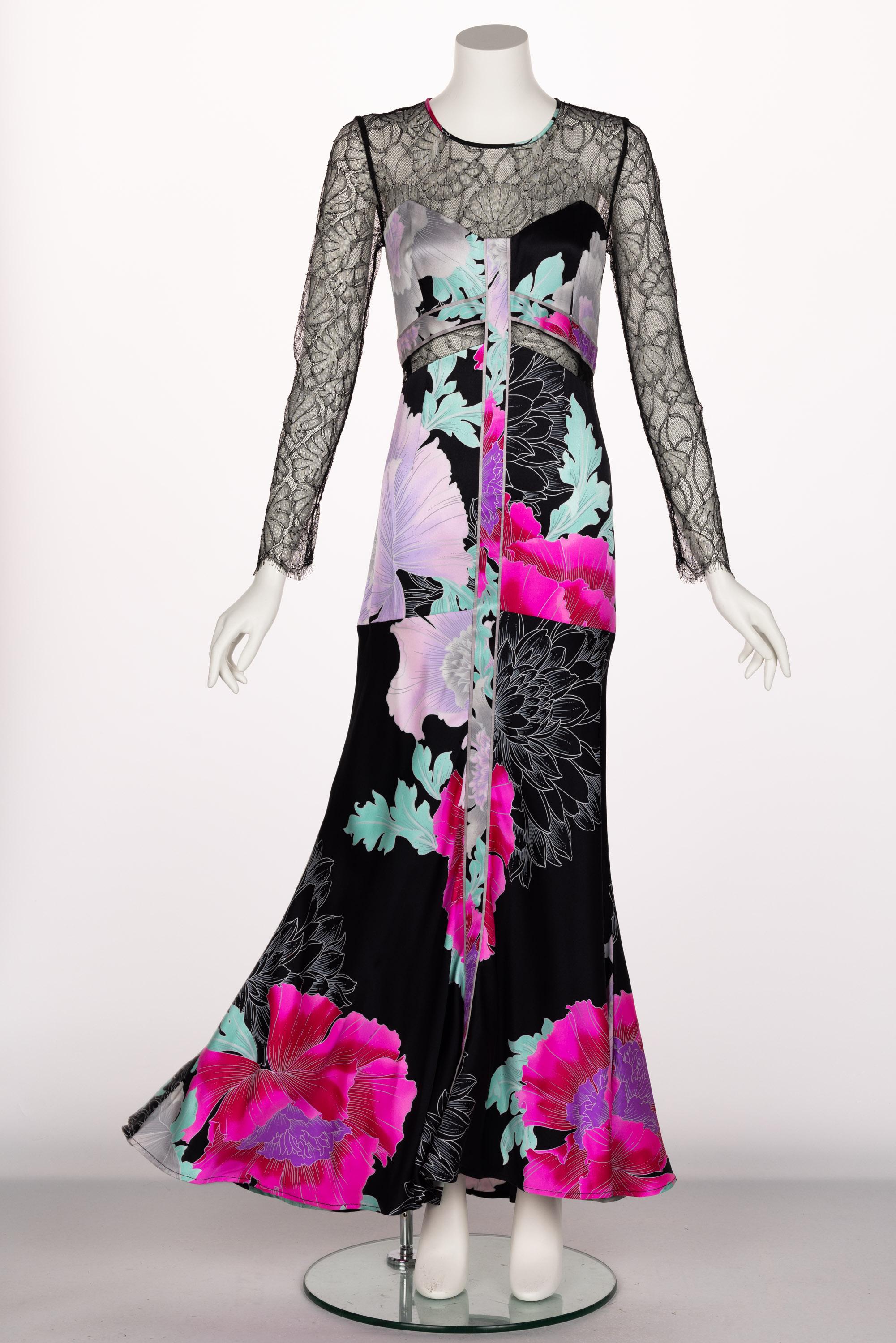  Leonard Paris Floral Silk Lace Inset Maxi Dress, 1990s In Excellent Condition For Sale In Boca Raton, FL