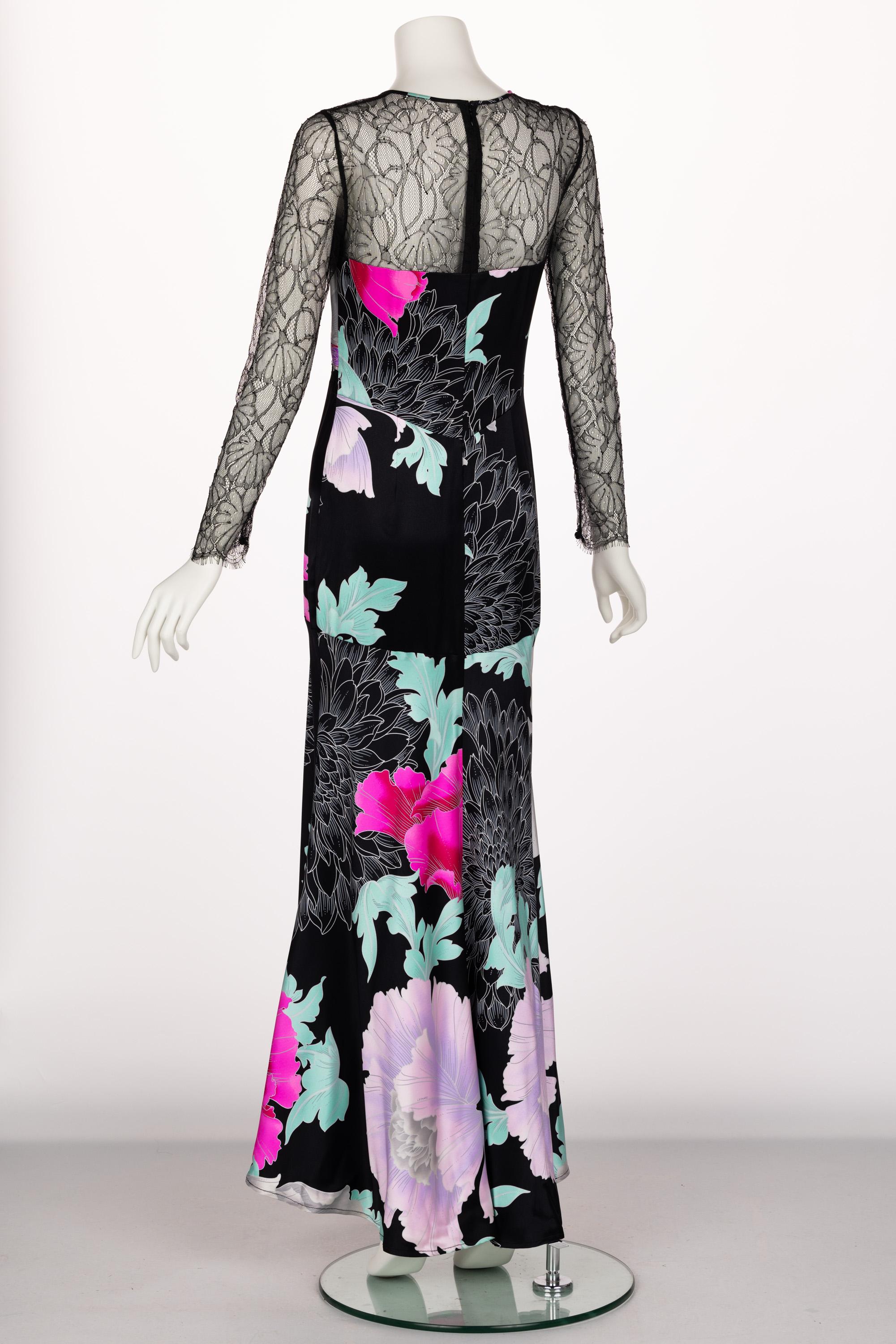  Leonard Paris Floral Silk Lace Inset Maxi Dress, 1990s For Sale 1