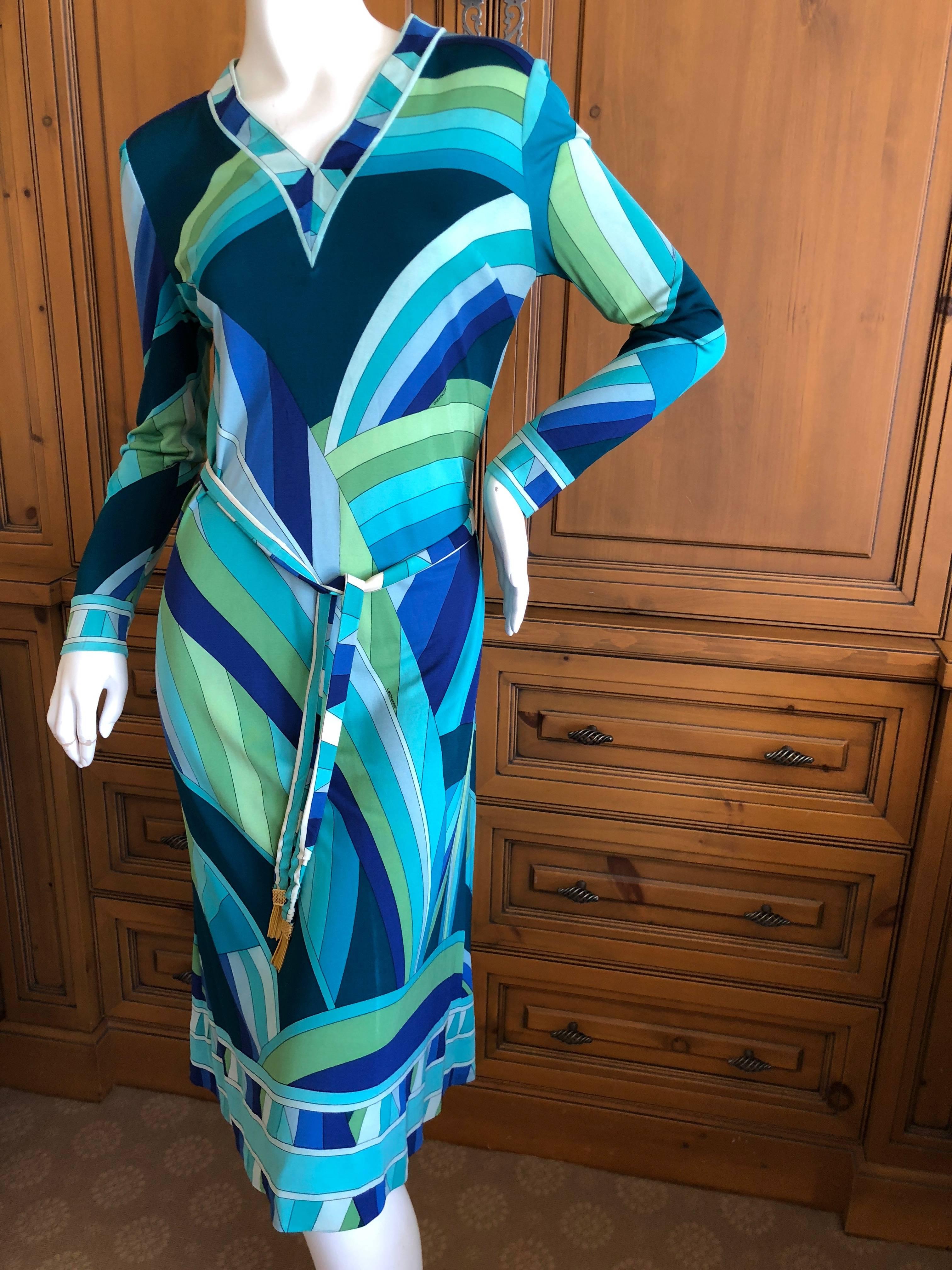 Leonard Paris for Bergdorf Goodman 1970's Silk Dress with Belt.
Leonard , Paris was a contemporary of Pucci, using silk jersey printed in their signature florals, Leonard was as expensive, if not more, than Pucci.
 Featuring a vee neck, long sleeves