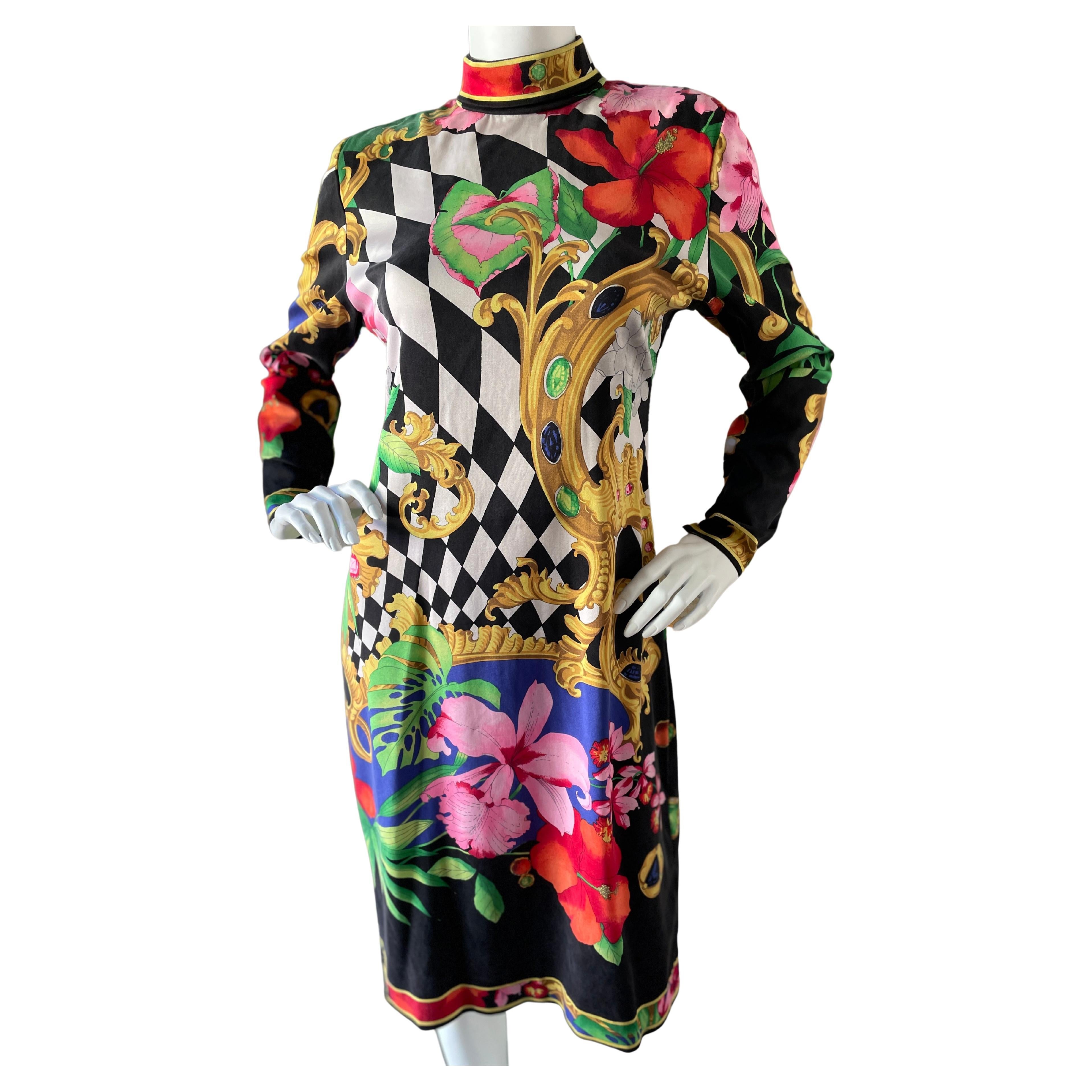Leonard Paris for Bergdorf Goodman 1980's Colorful Silk Jersey Dress For Sale