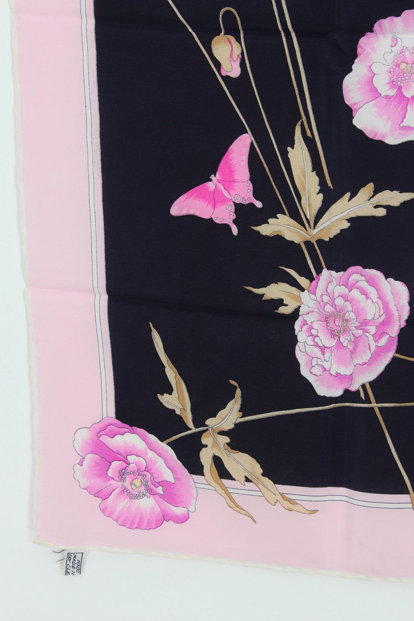 Leonard Paris Scarf Pink Black Flowers Silk Vintage 80s In Good Condition For Sale In Brindisi, Bt