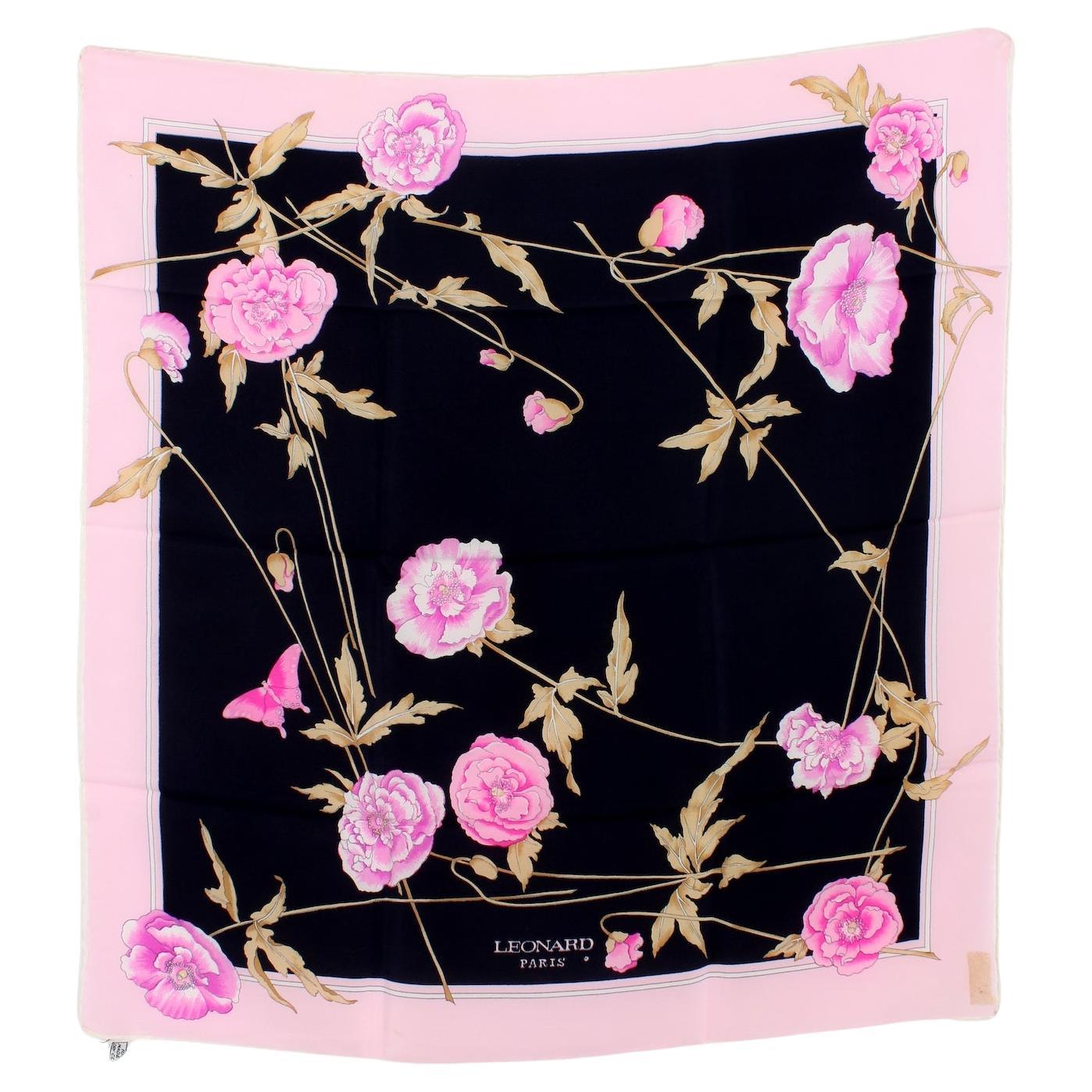 Leonard Paris Scarf Pink Black Flowers Silk Vintage 80s For Sale