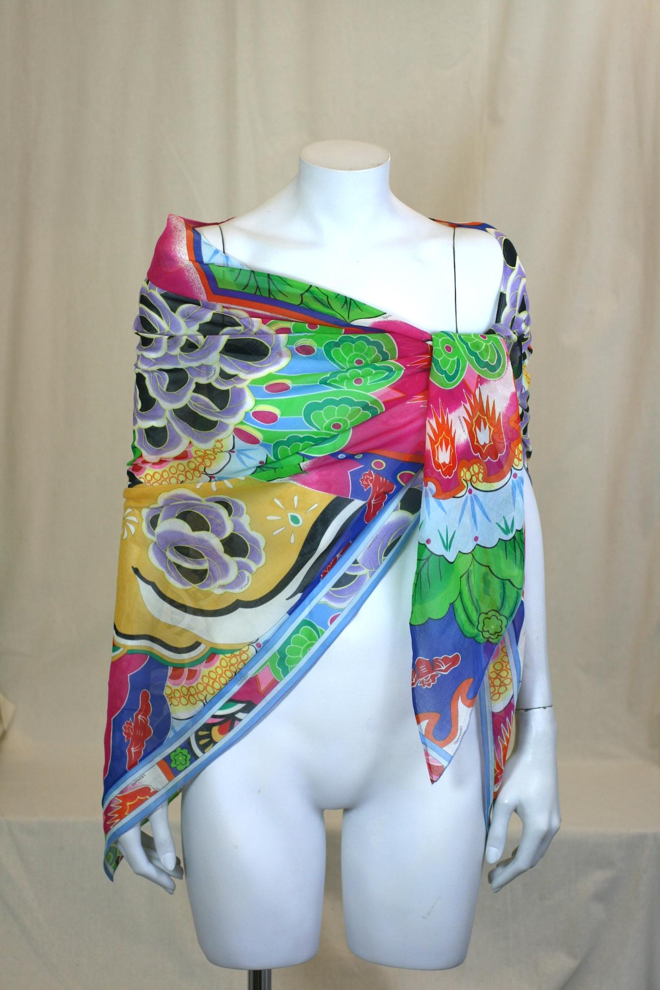 Leonard, Paris Koi Fish Wrap printed with Japonesque motifs in exuberant tones. Likely designed as an after beach wrap, but, works beautifully as a shoulder wrap. Triangular form with incredible colorations. The 