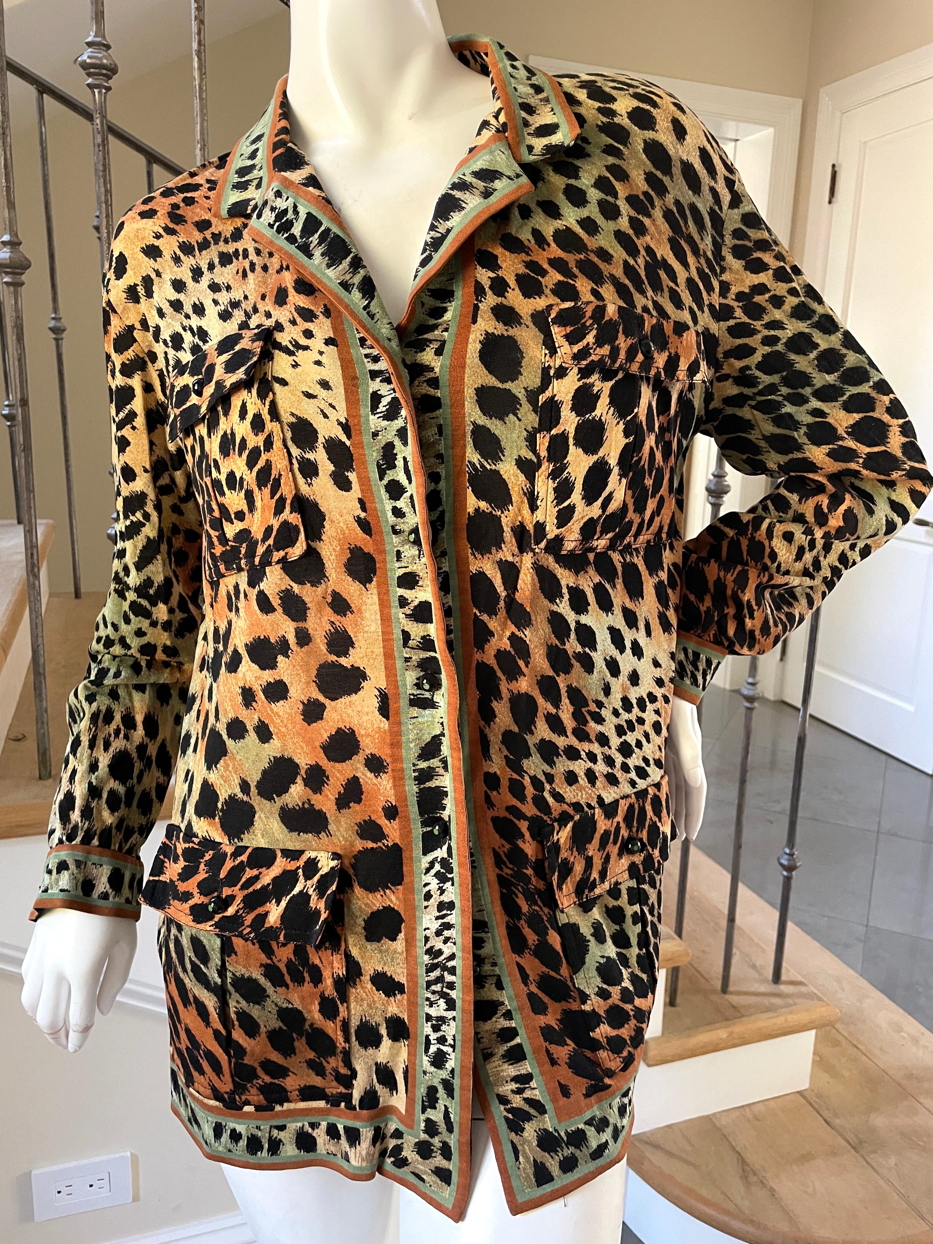 Black Leonard Paris  Leopard Print Jersey Vintage Buttoned Jacket For Sale