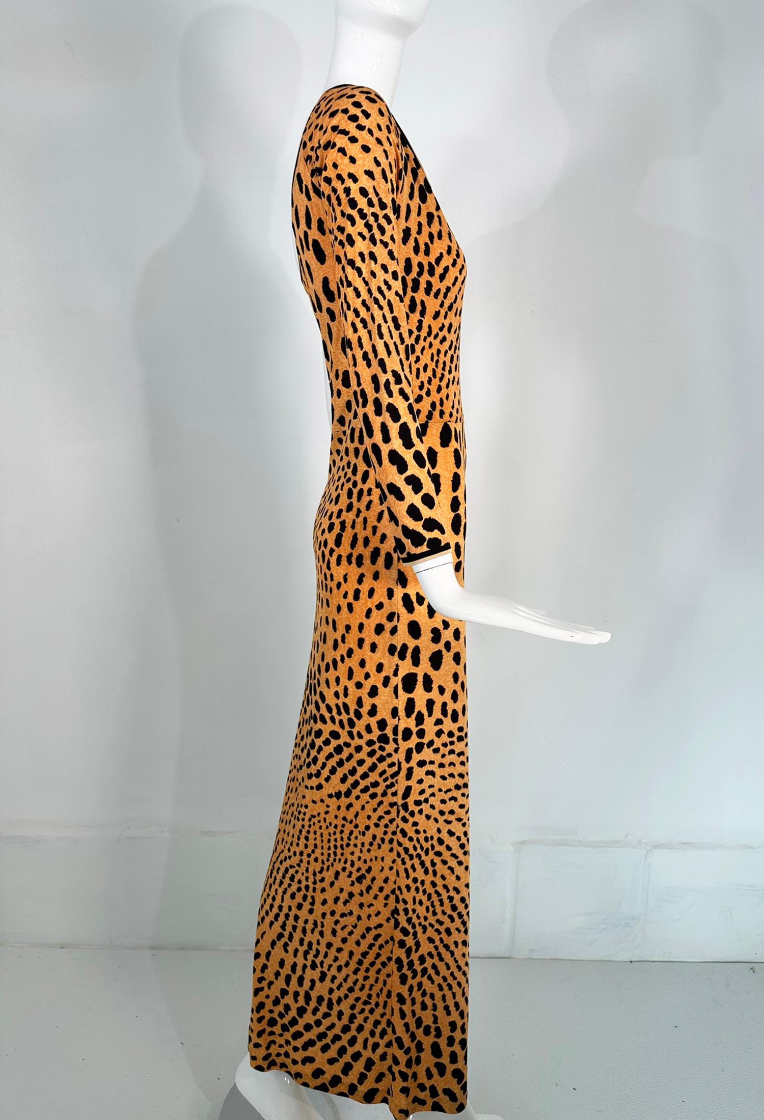 Leonard Paris Leopard Print Silk Jersey One Shoulder Side Vent Maxi Dress 6