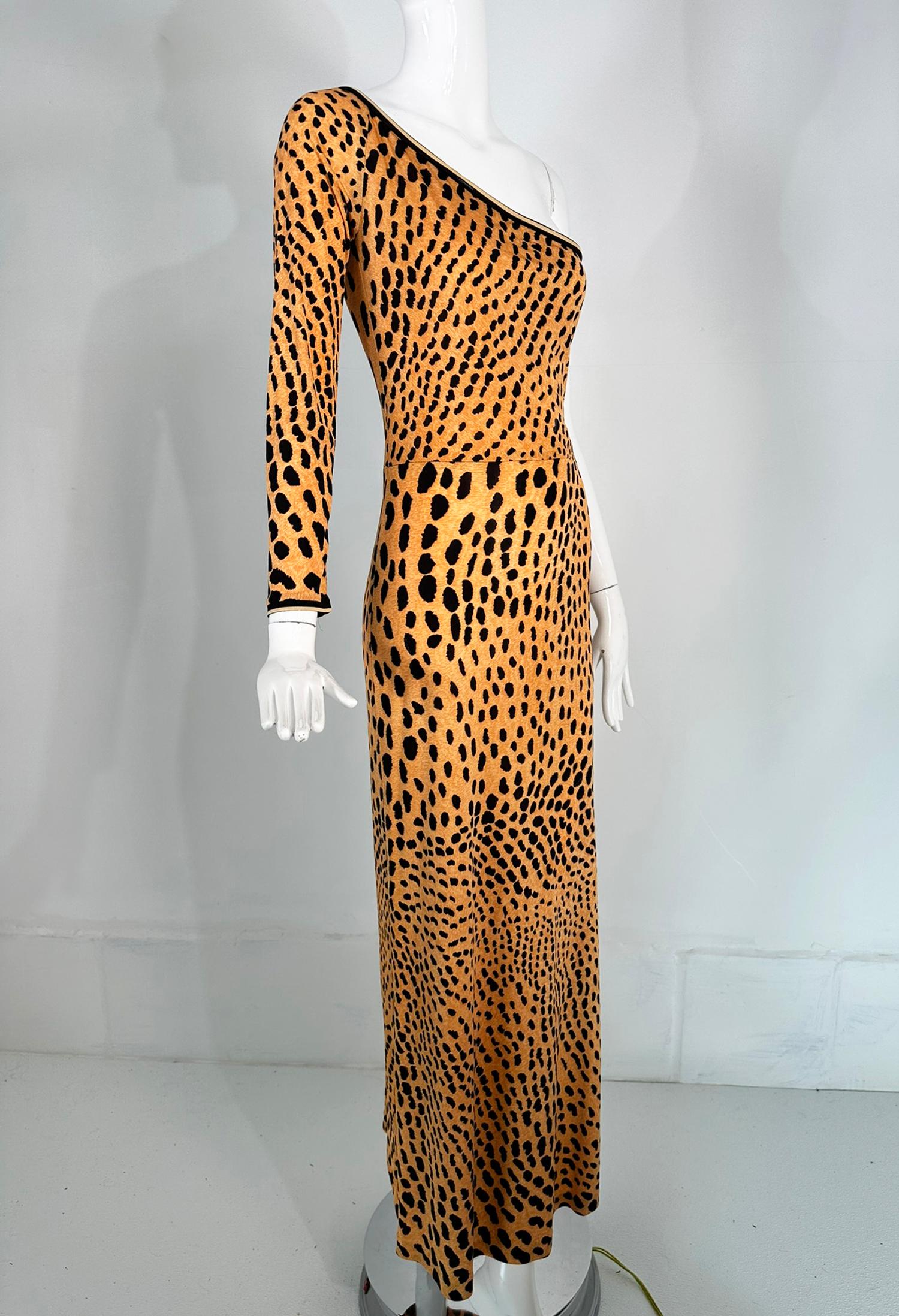 Leonard Paris Leopard Print Silk Jersey One Shoulder Side Vent Maxi Dress 8