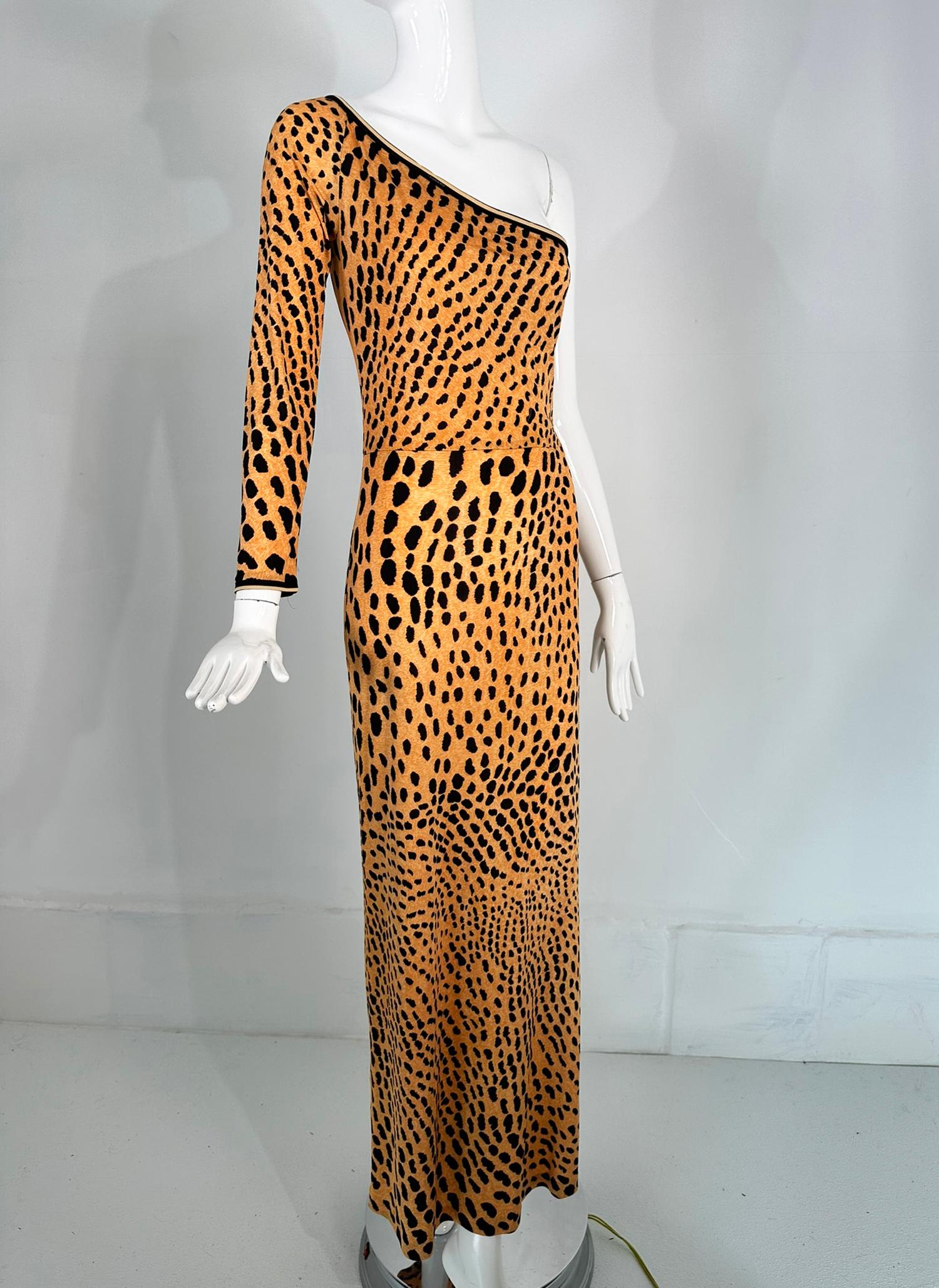 Leonard Paris Leopard Print Silk Jersey One Shoulder Side Vent Maxi Dress 9